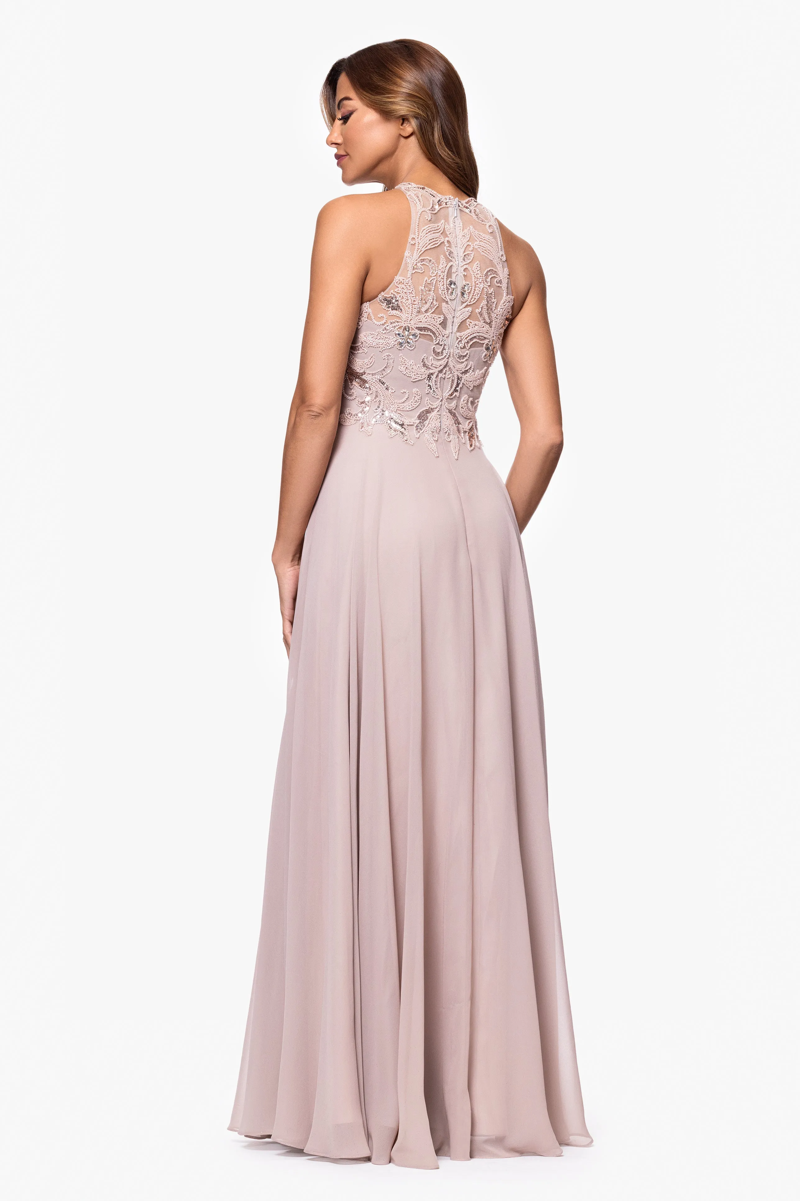 Petite "Bridget" Chiffon and Mesh Beaded Floor Length Dress sold by Xscape product image thumbnail 3