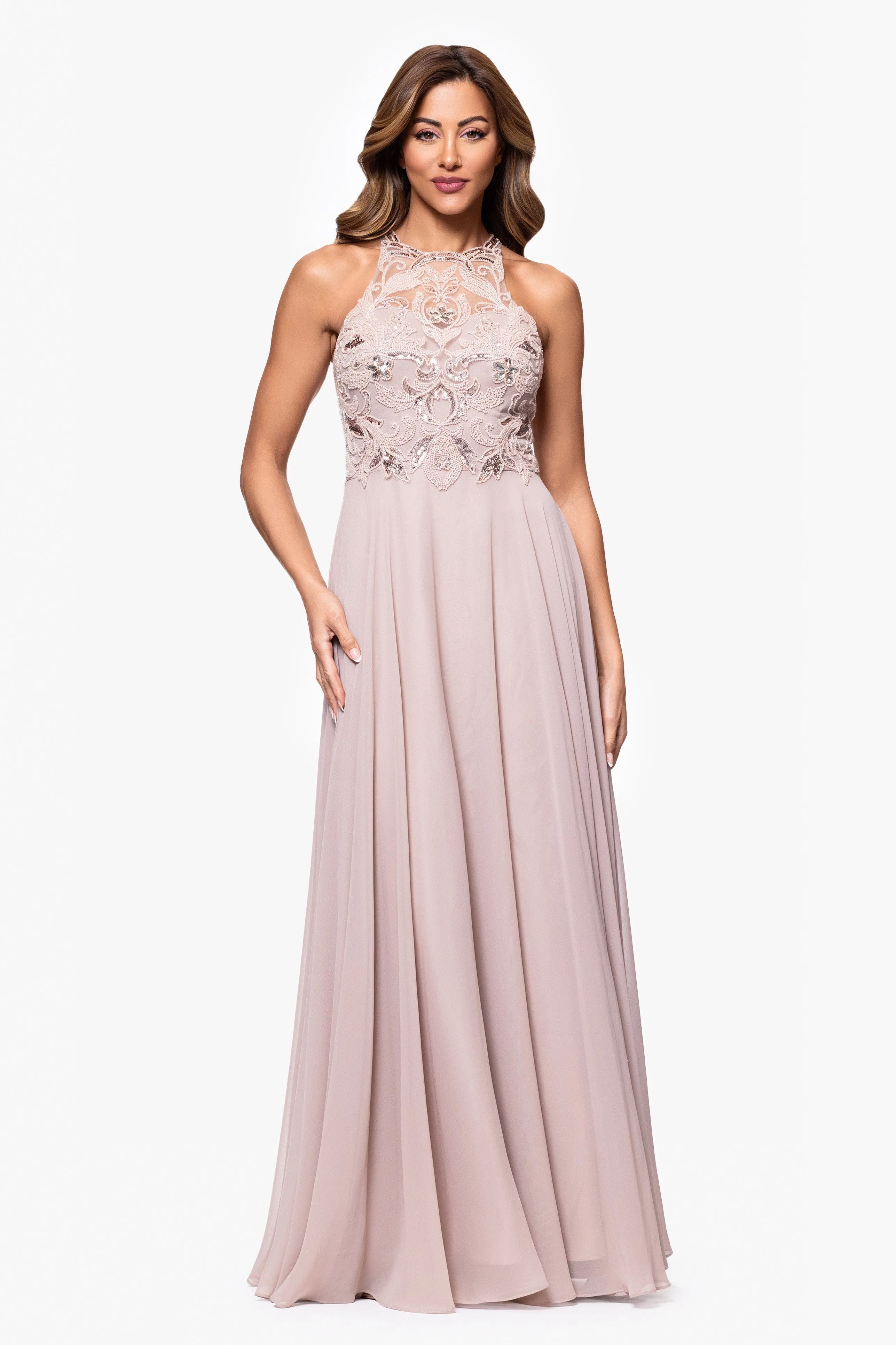 Petite "Bridget" Chiffon and Mesh Beaded Floor Length Dress sold by Xscape