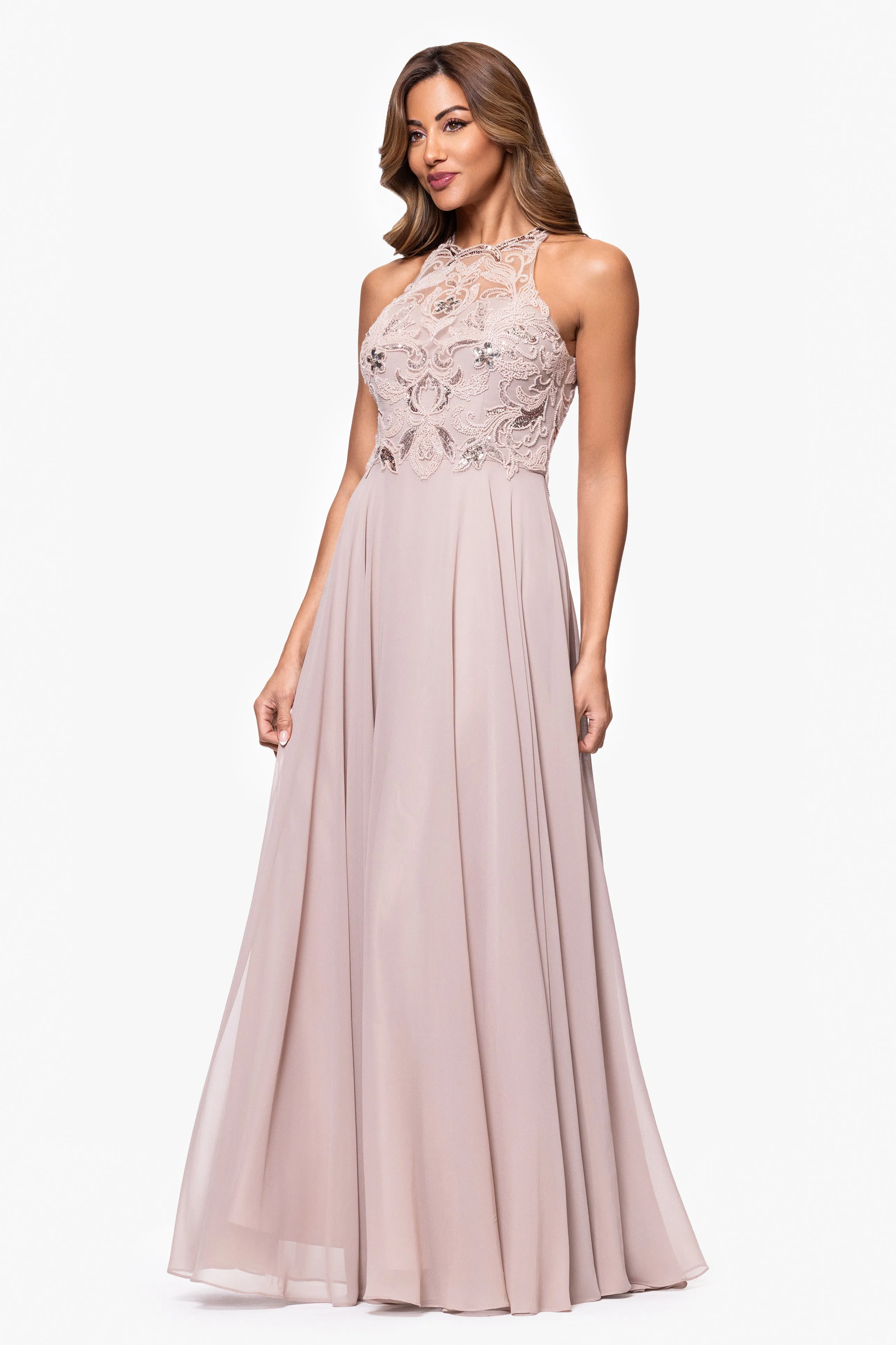 Petite "Bridget" Chiffon and Mesh Beaded Floor Length Dress sold by Xscape product image thumbnail 4