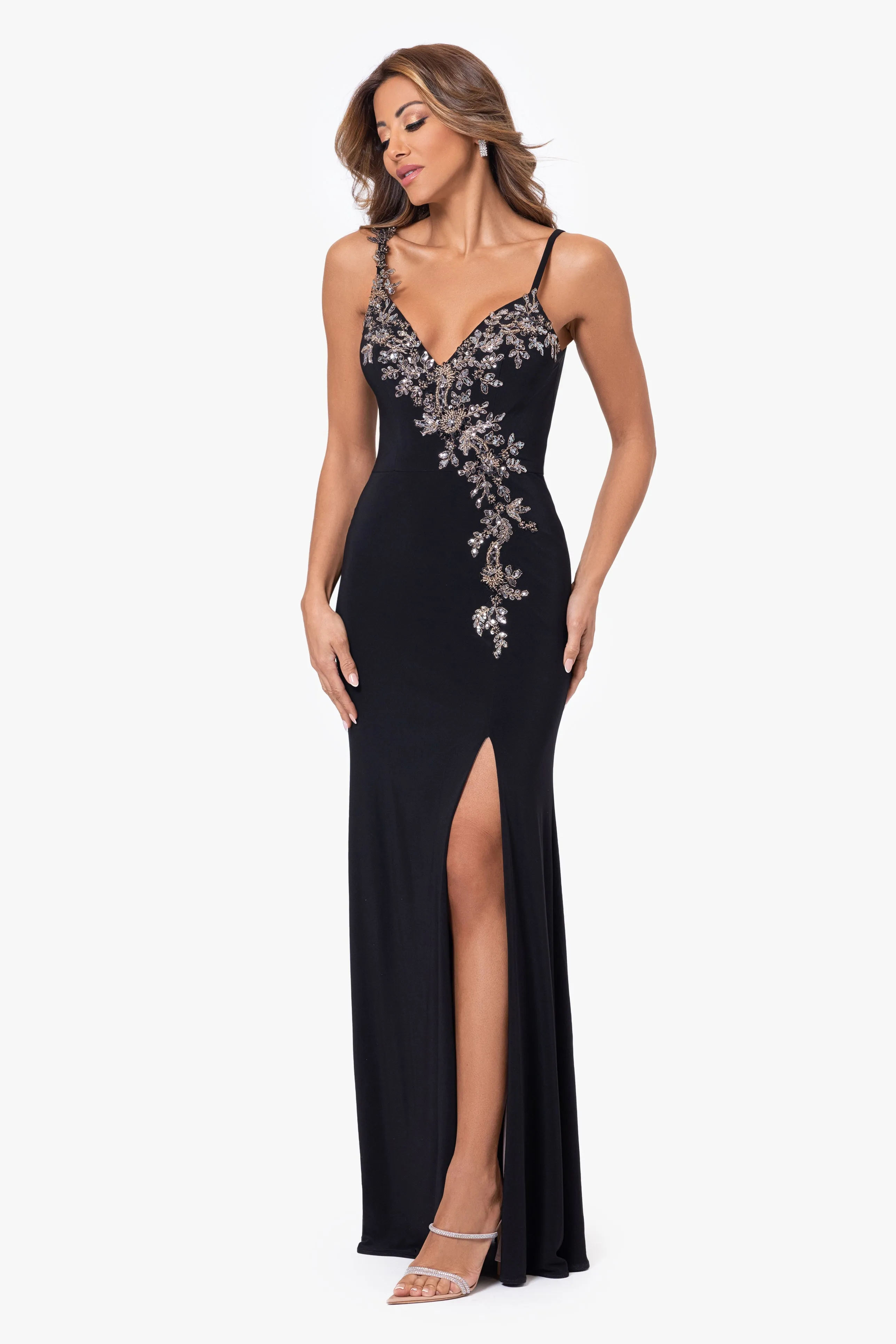 Petite "Rina" Jersey Knit Spaghetti Strap Applique Floor Length Dress sold by Xscape product image thumbnail 4