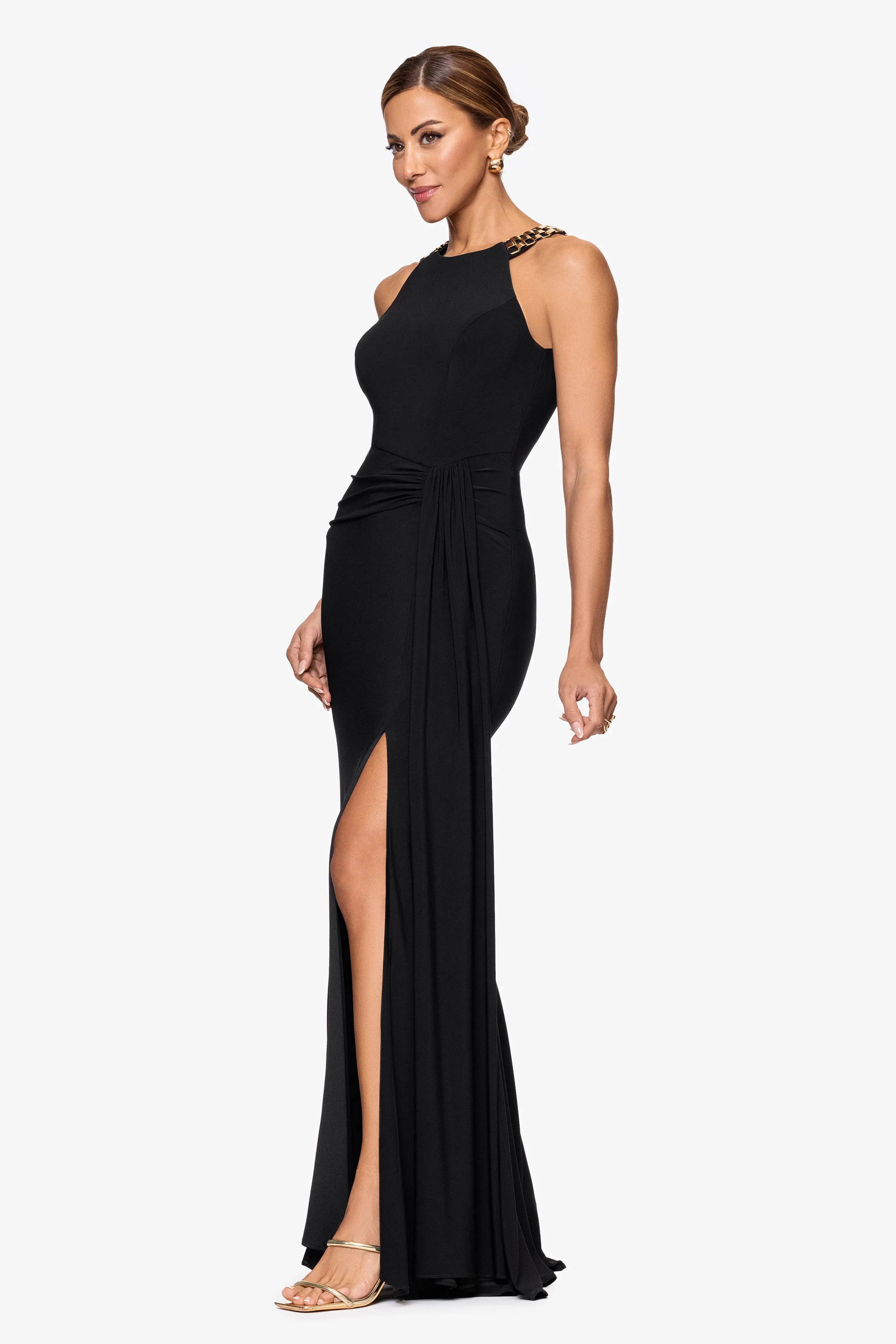 "Malia" Jersey Knit Chain Embellished Floor Length Dress sold by Xscape product image thumbnail 4