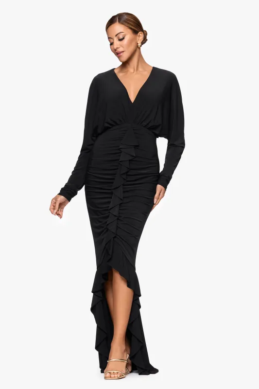 "Tia" Jersey Knit Rouched Floor Length Dress sold by Xscape