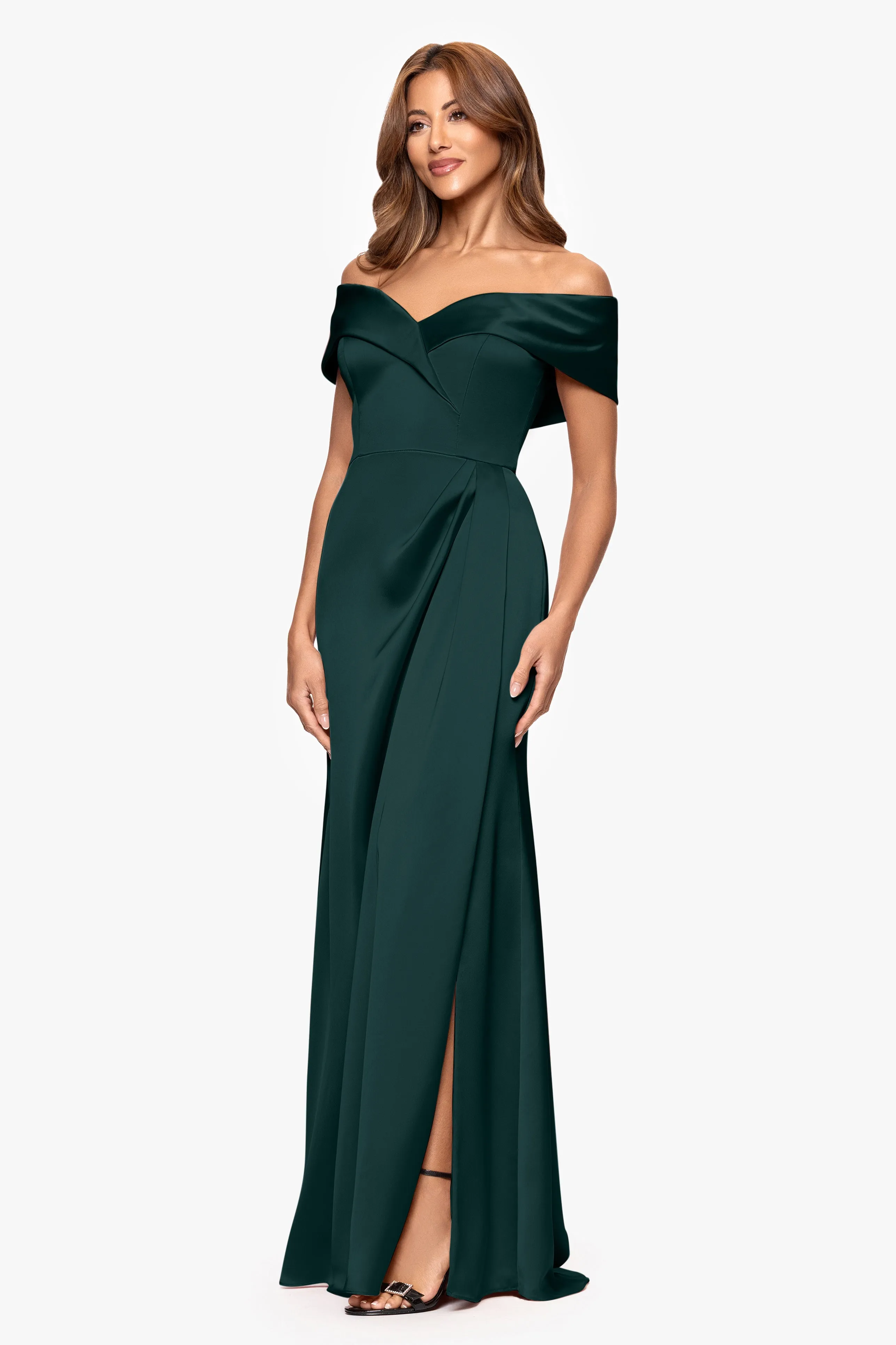 "Daliah" Satin Off the Shoulder Floor Length Dress sold by Xscape