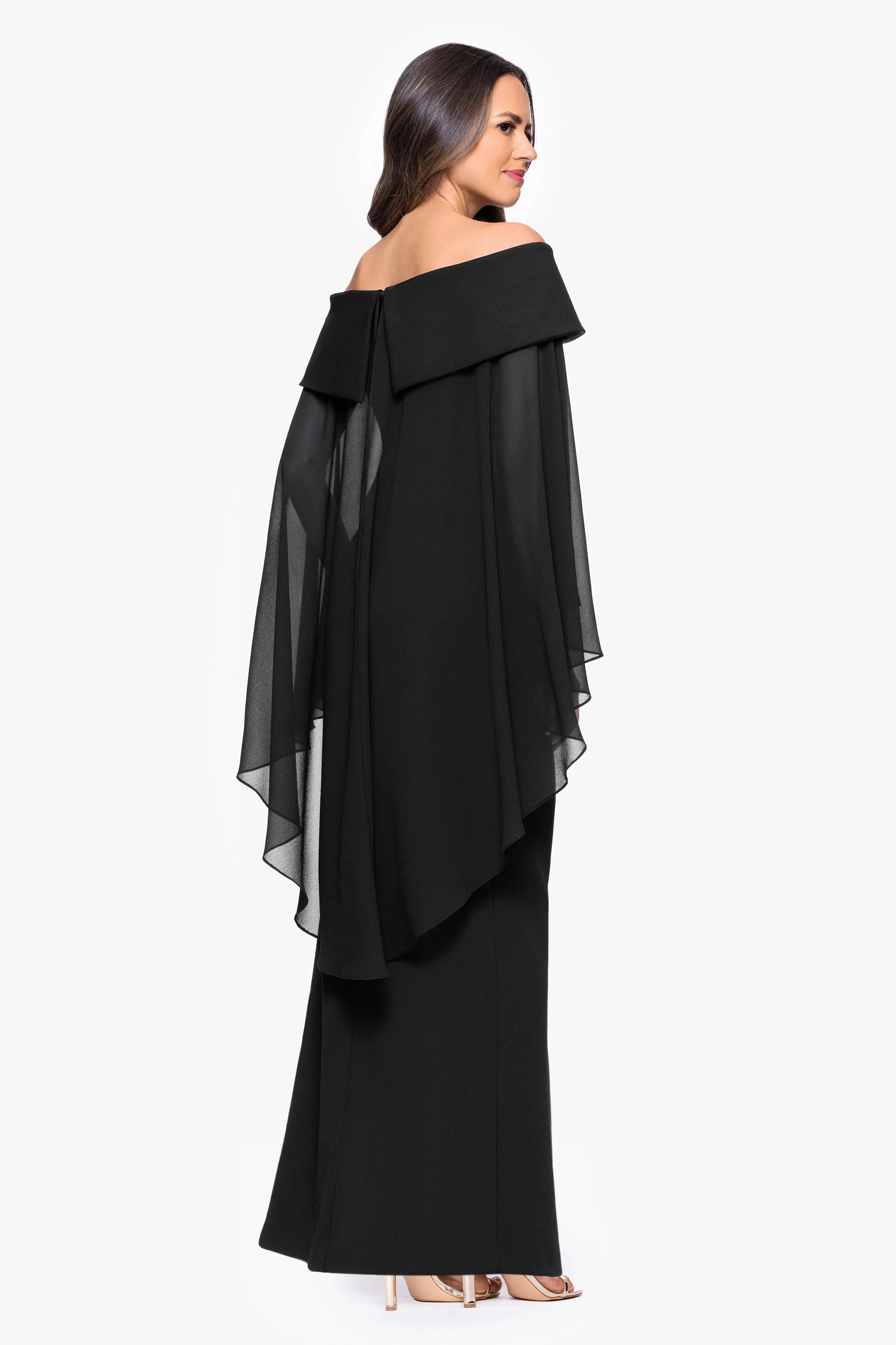 Petite "Rosaline" Scuba Crepe Off the Shoulder Chiffon Cape Floor Length Dress sold by Xscape product image thumbnail 3