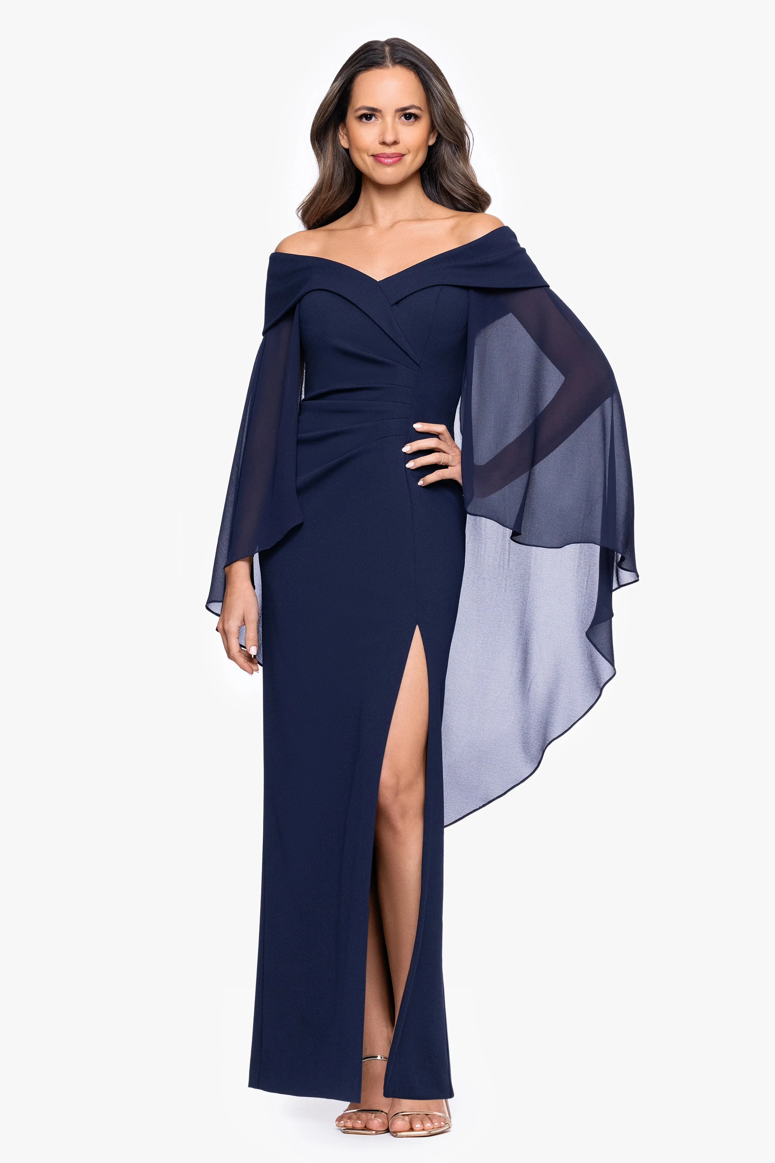 Petite "Rosaline" Scuba Crepe Off the Shoulder Chiffon Cape Floor Length Dress sold by Xscape