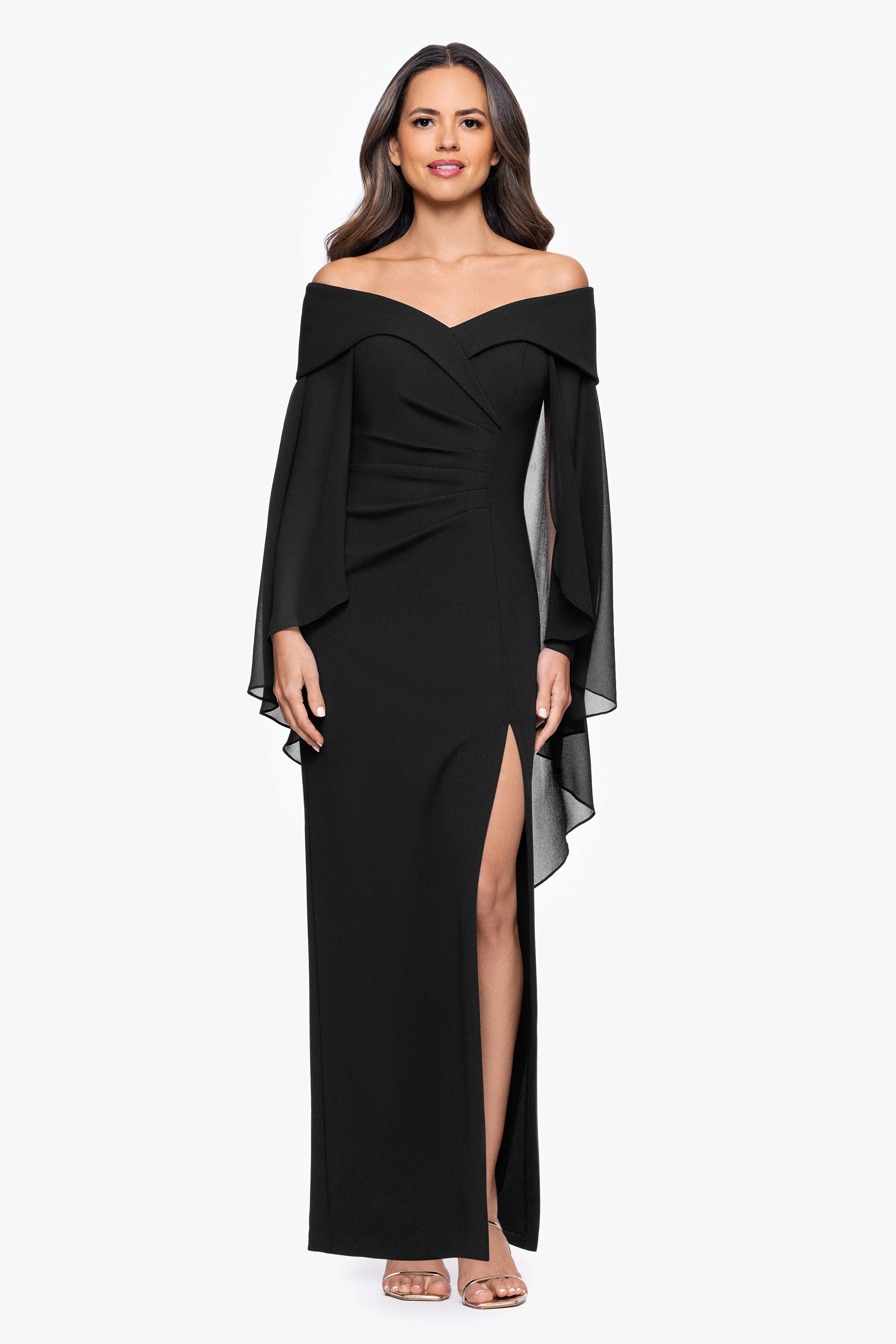 Petite "Rosaline" Scuba Crepe Off the Shoulder Chiffon Cape Floor Length Dress sold by Xscape product image thumbnail 5