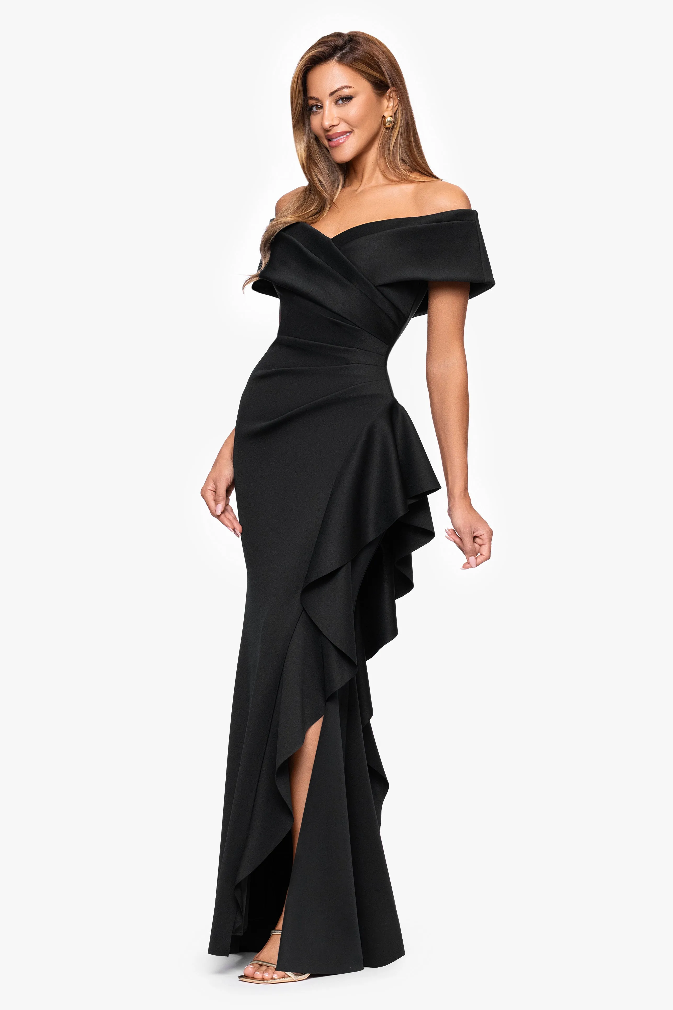 Petite "Pearl" Techno Scuba Off the Shoulder Ruffle Floor Length Dress sold by Xscape product image thumbnail 4