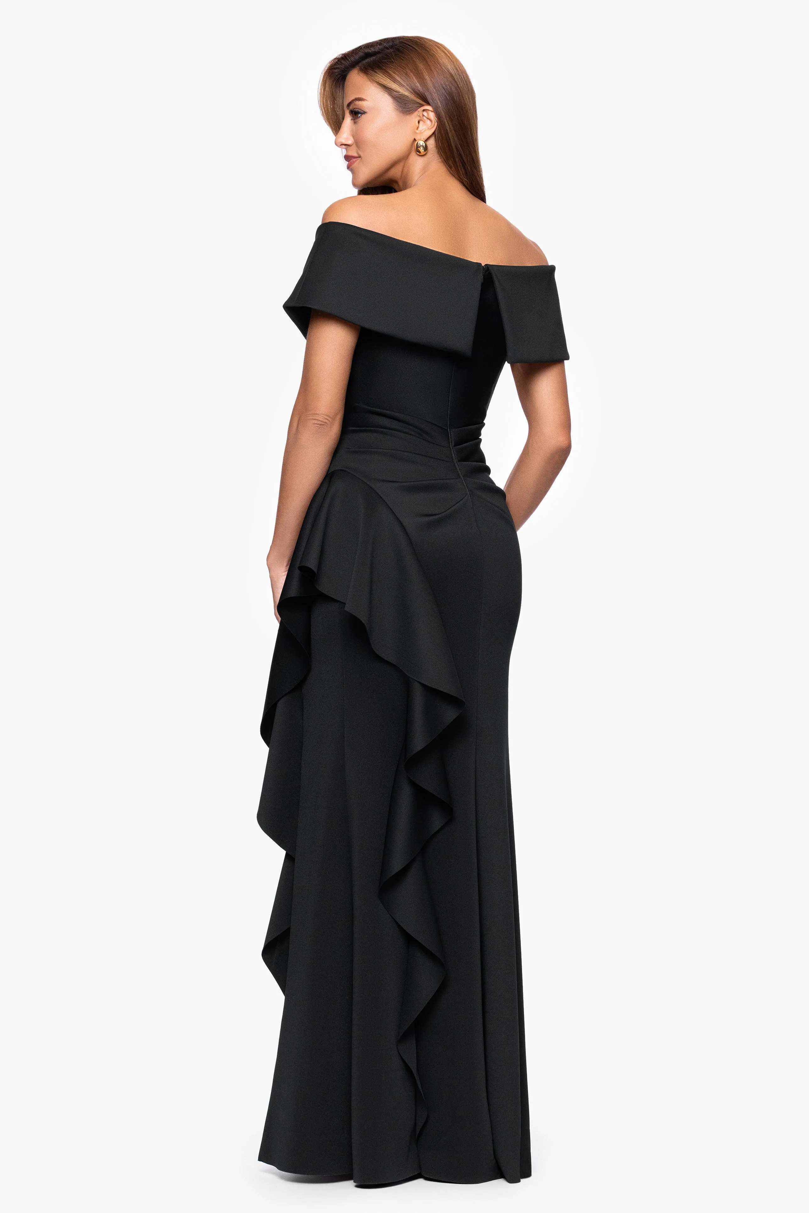Petite "Pearl" Techno Scuba Off the Shoulder Ruffle Floor Length Dress sold by Xscape product image thumbnail 3