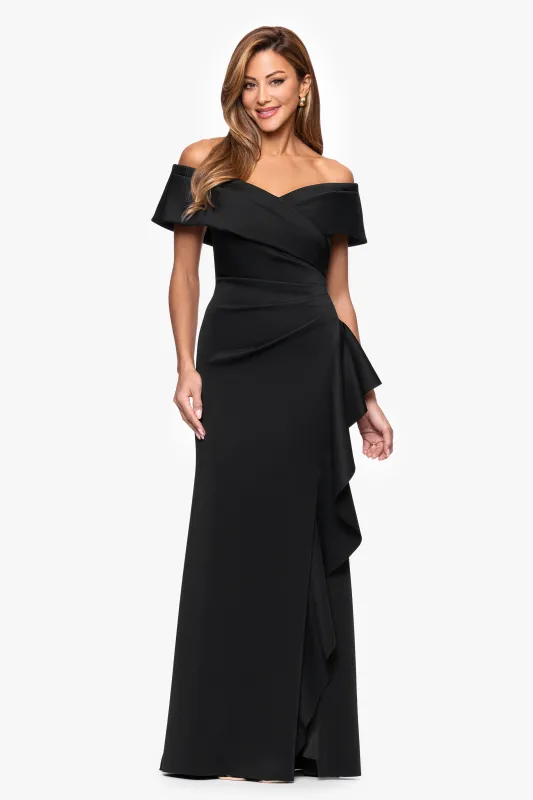 Petite "Pearl" Techno Scuba Off the Shoulder Ruffle Floor Length Dress sold by Xscape