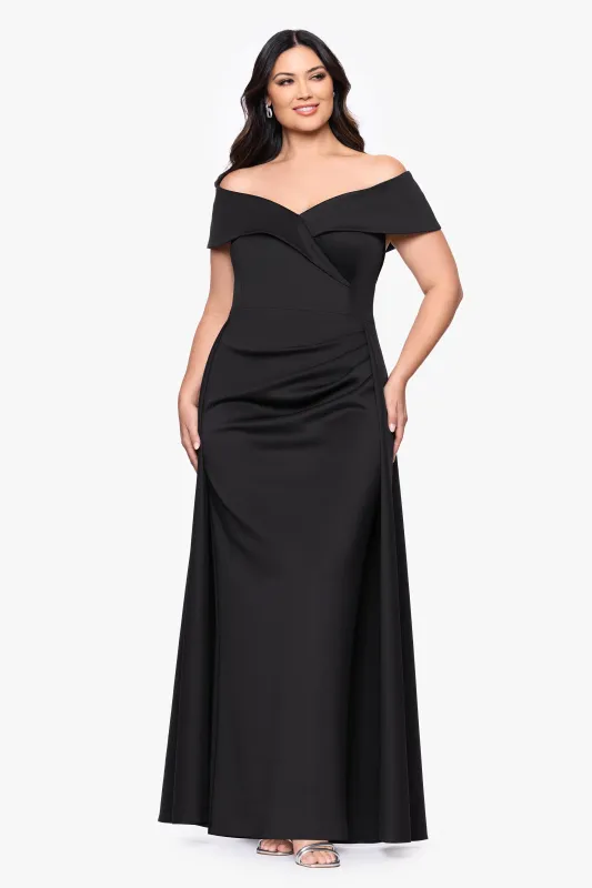 Plus "Roseanne" Scuba Off Shoulder Overlay Skirt Floor Length Dress sold by Xscape