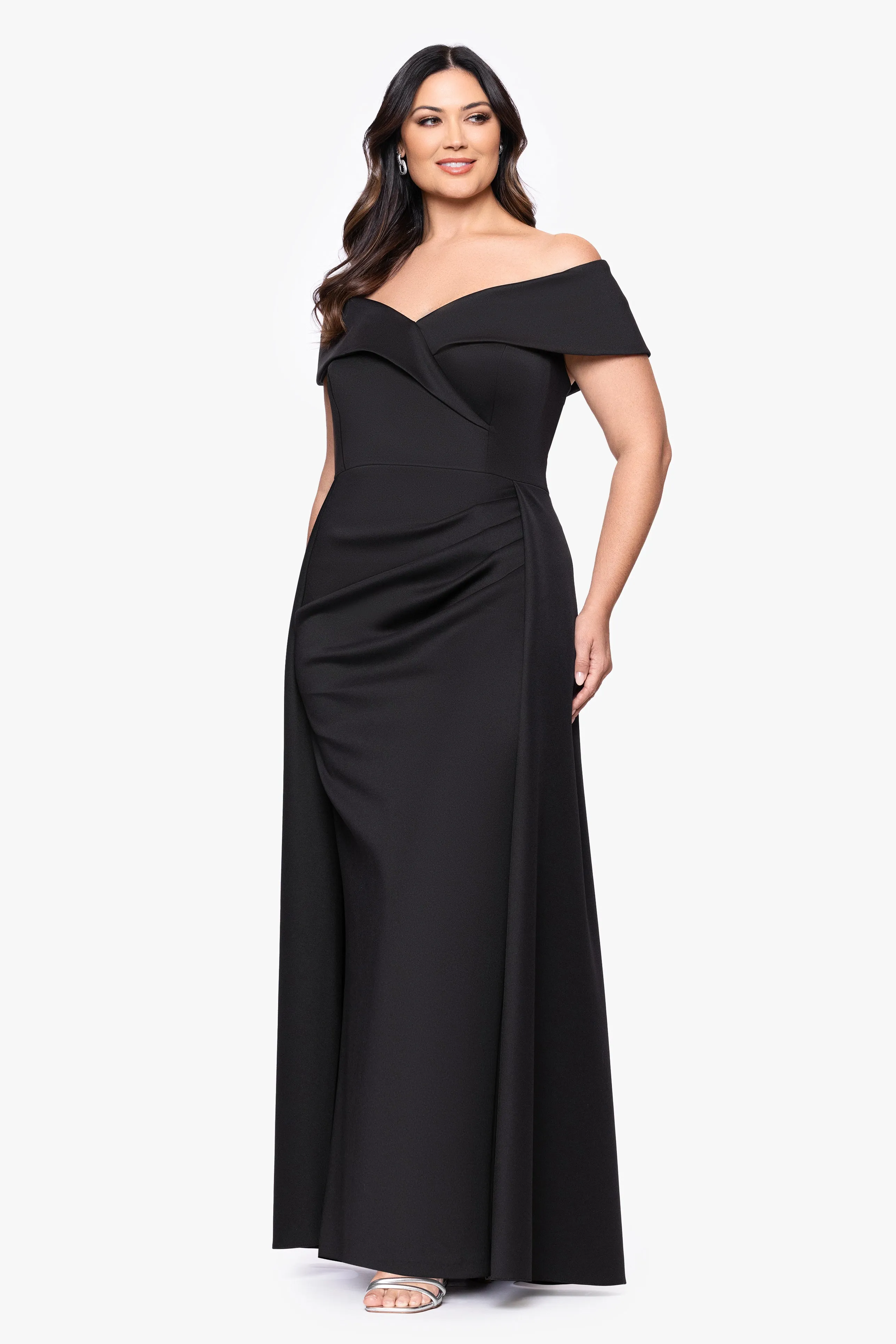 Plus "Roseanne" Scuba Off Shoulder Overlay Skirt Floor Length Dress sold by Xscape product image thumbnail 4