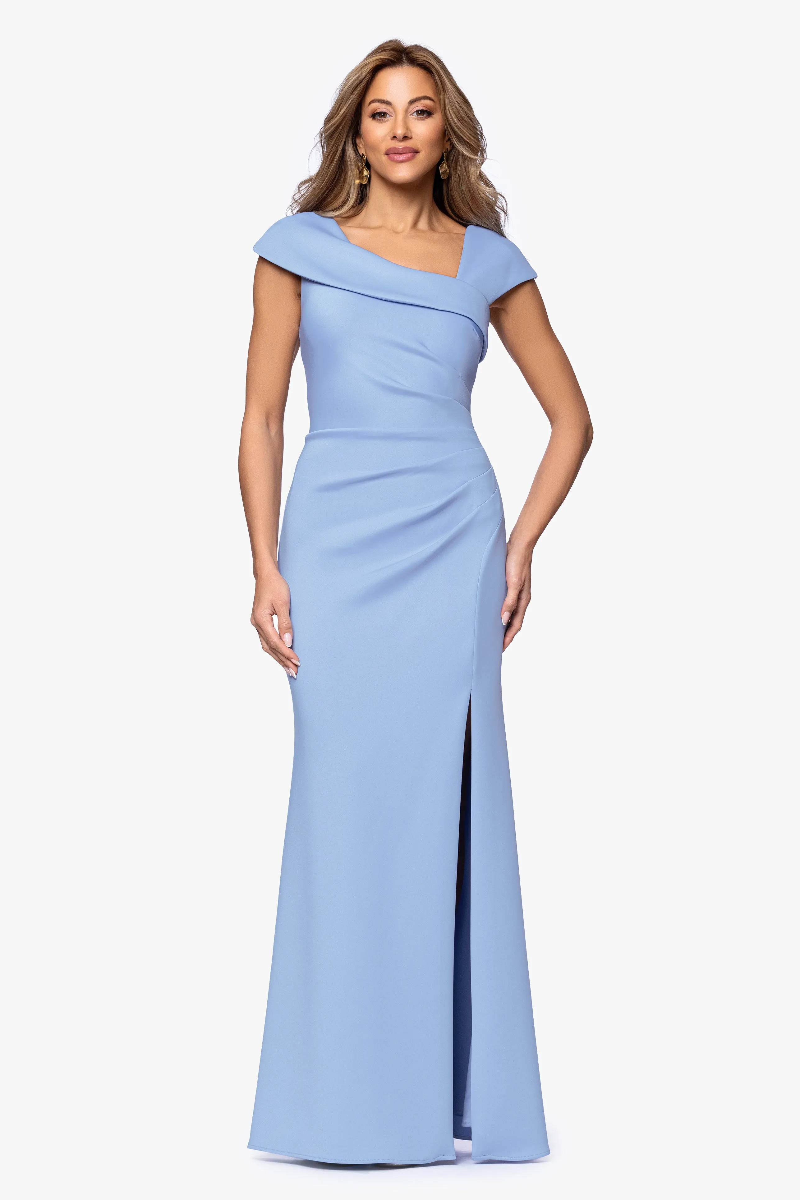 Petite "Lenore " Long Asymmetrical Neckline Techno Scuba Dress sold by Xscape product image thumbnail 5