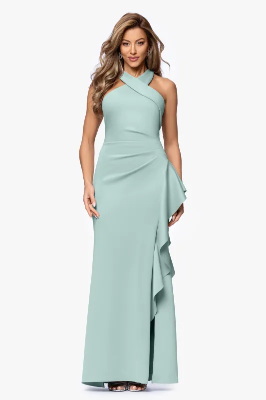 Petite "Gigi" Scuba Cross Neck Ruffle Floor Length Dress sold by Xscape