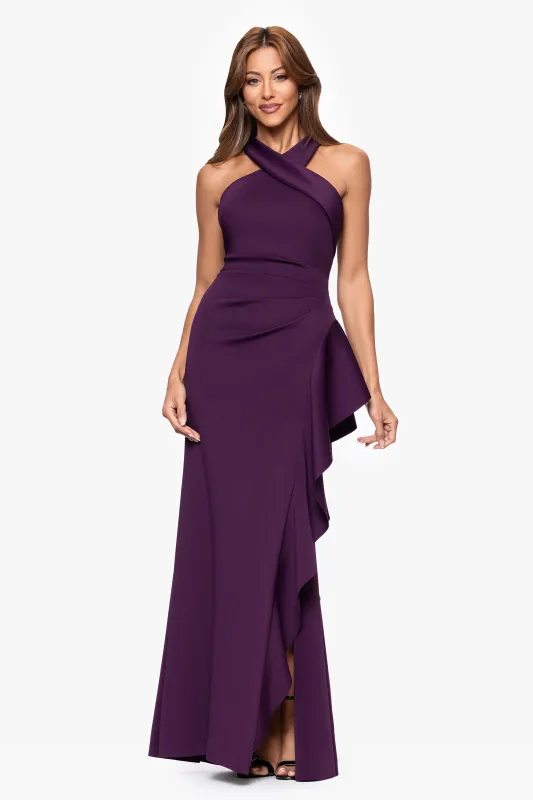 Petite "Gigi" Scuba Cross Neck Ruffle Floor Length Dress sold by Xscape