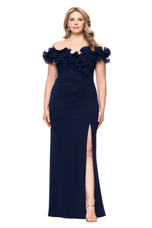 Plus "Anya" Scuba Crepe Off the Shoulder Chiffon Ruffle Neckline Floor Length Dress sold by Xscape