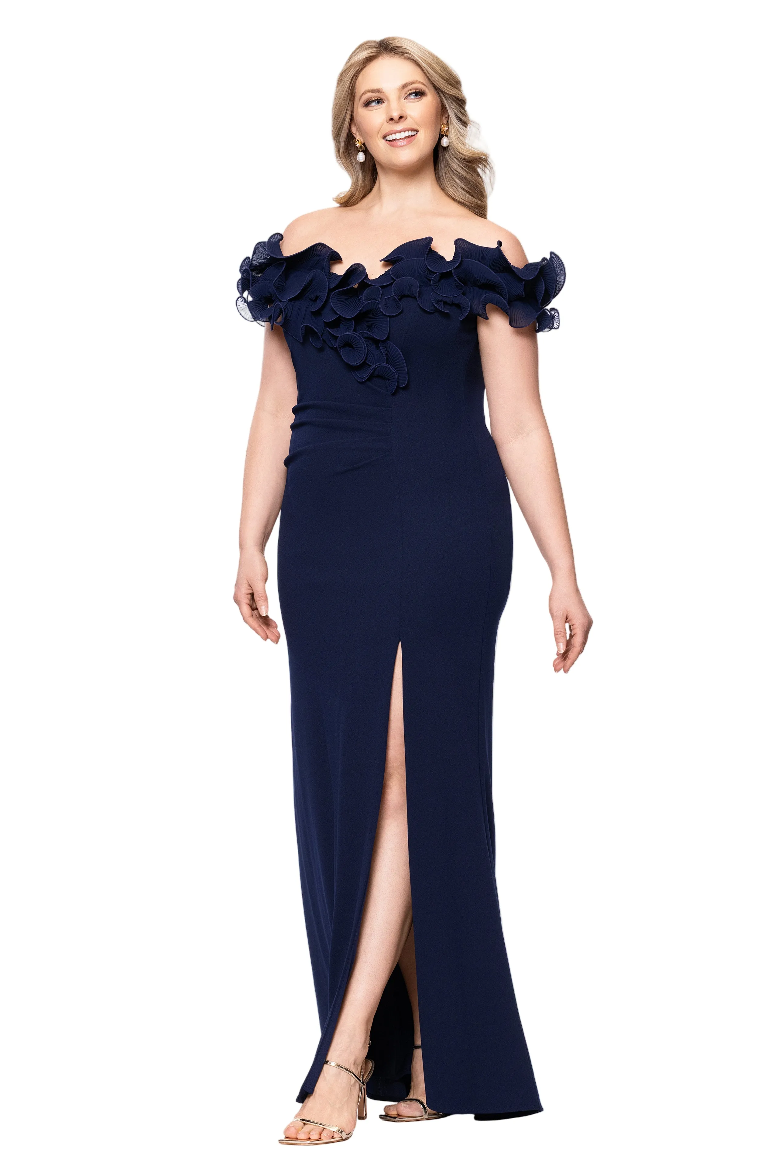 Plus "Anya" Scuba Crepe Off the Shoulder Chiffon Ruffle Neckline Floor Length Dress sold by Xscape product image thumbnail 4