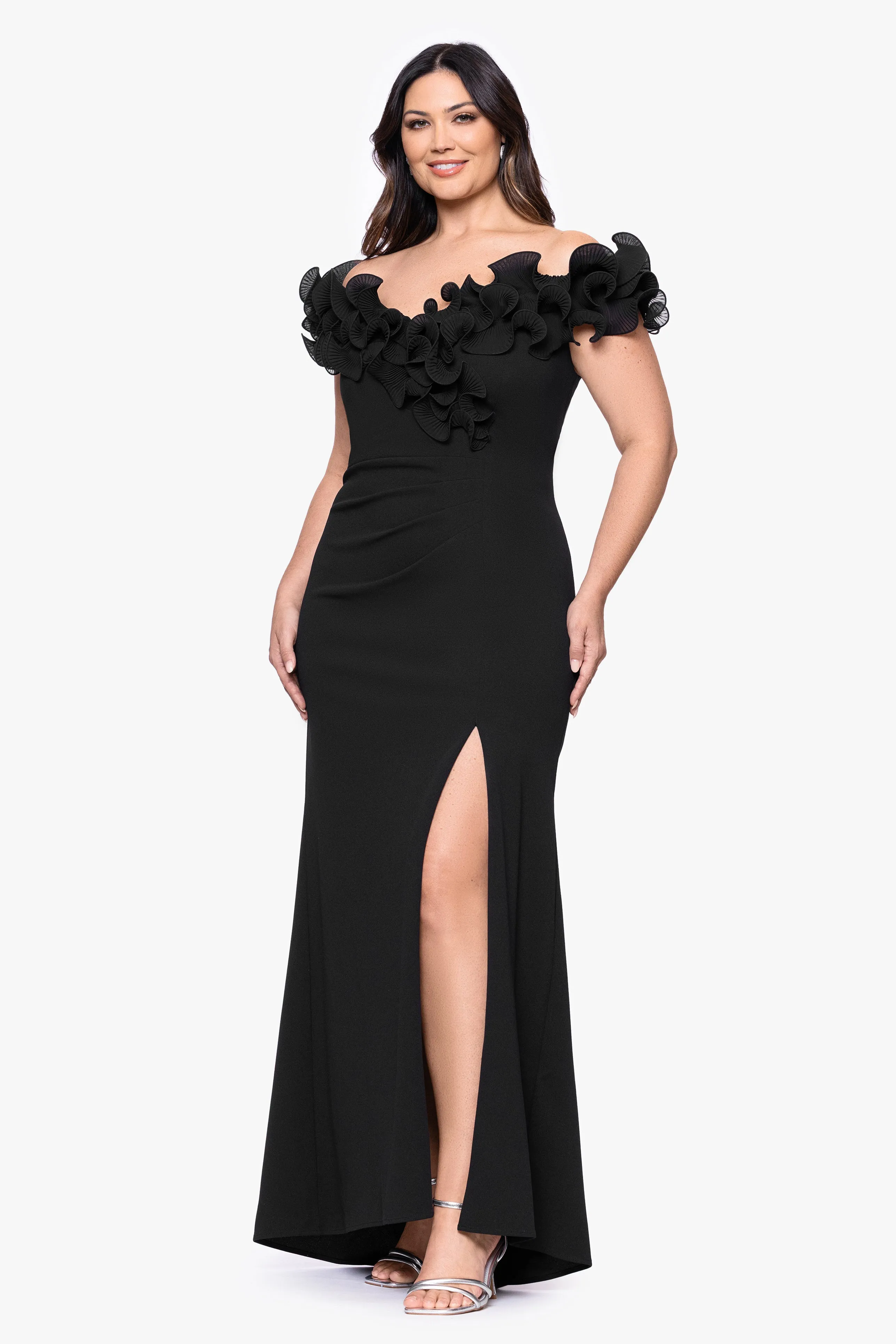 Plus "Anya" Scuba Crepe Off the Shoulder Chiffon Ruffle Neckline Floor Length Dress sold by Xscape product image thumbnail 4