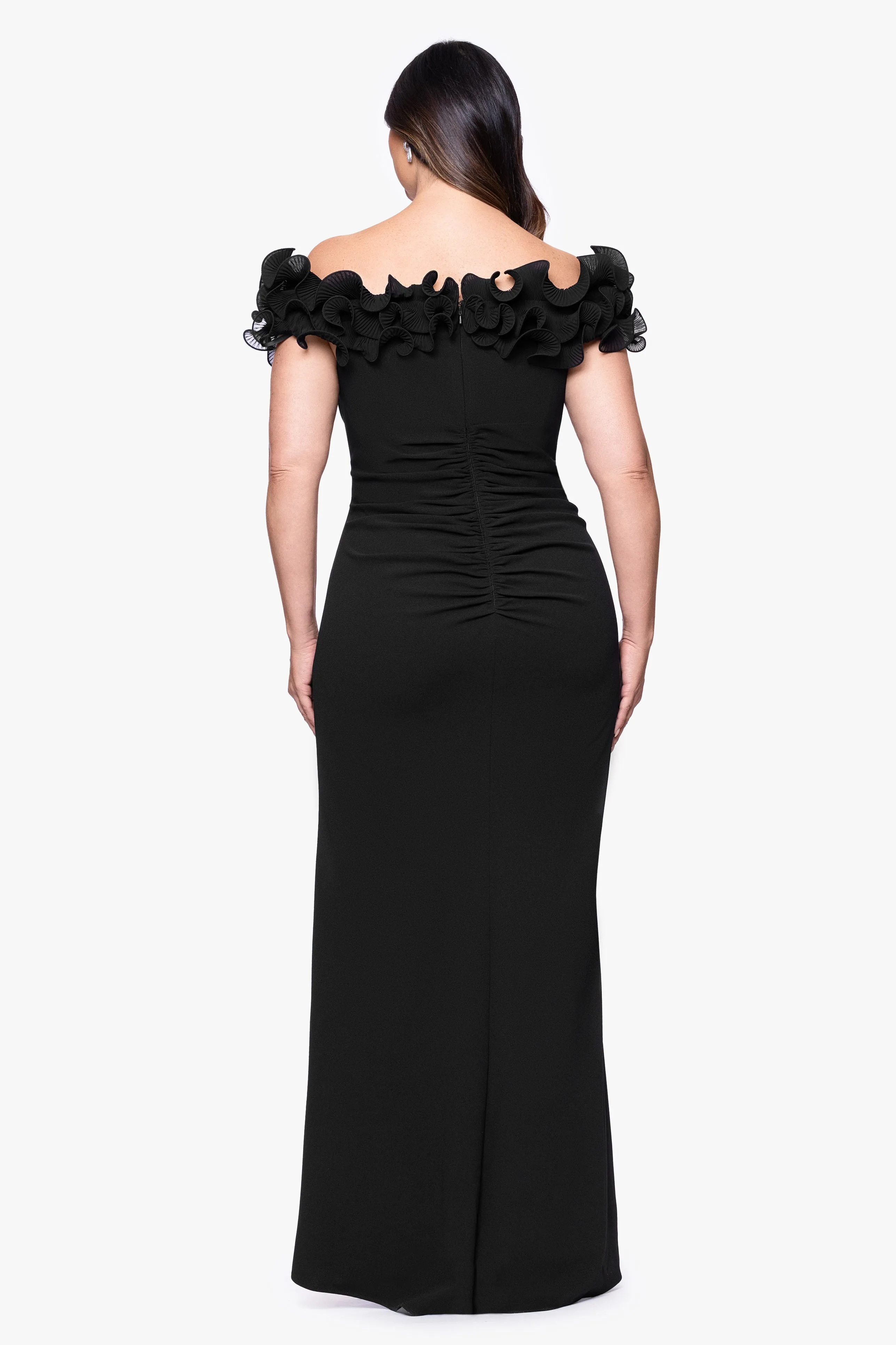Plus "Anya" Scuba Crepe Off the Shoulder Chiffon Ruffle Neckline Floor Length Dress sold by Xscape product image thumbnail 3