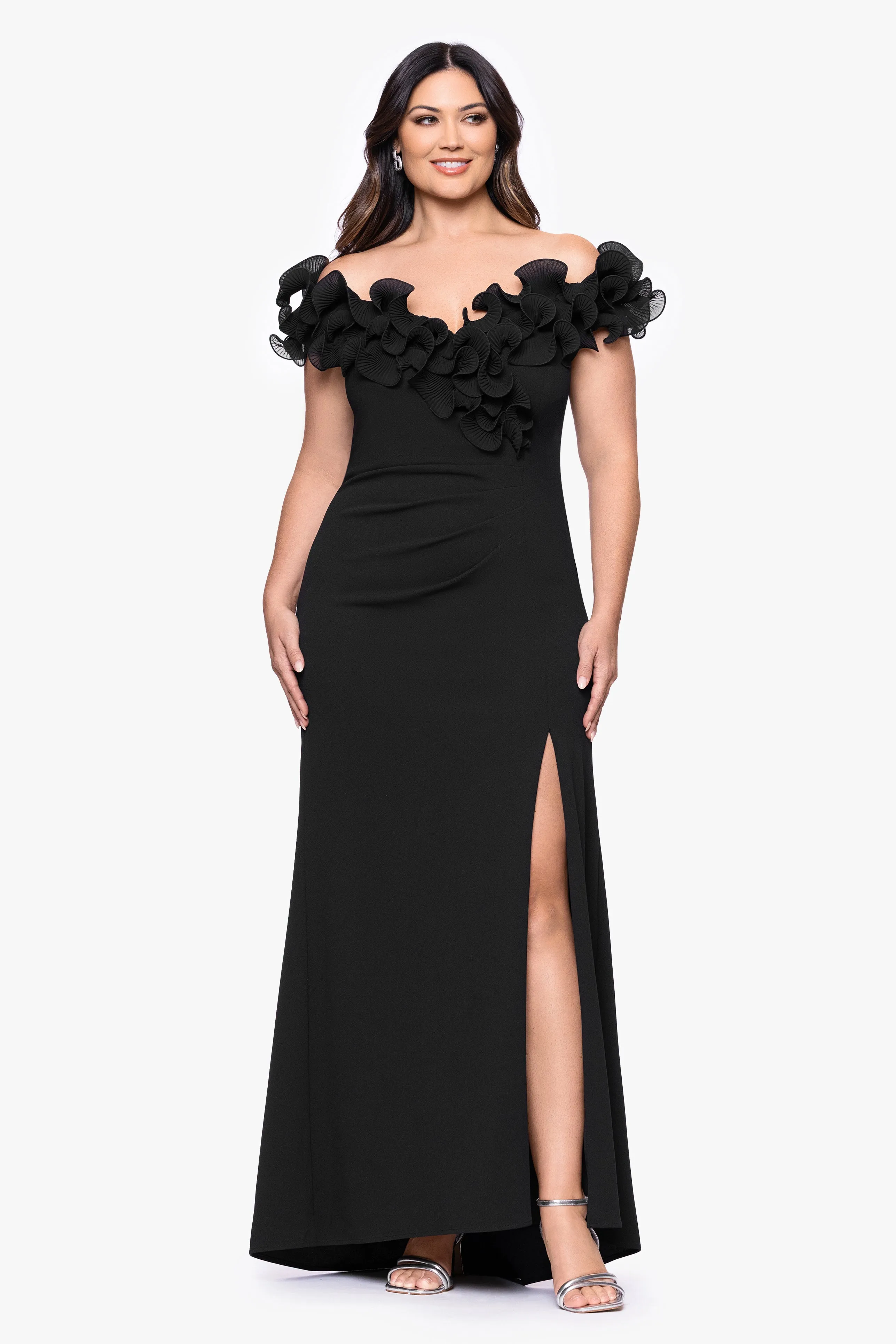 Plus "Anya" Scuba Crepe Off the Shoulder Chiffon Ruffle Neckline Floor Length Dress sold by Xscape