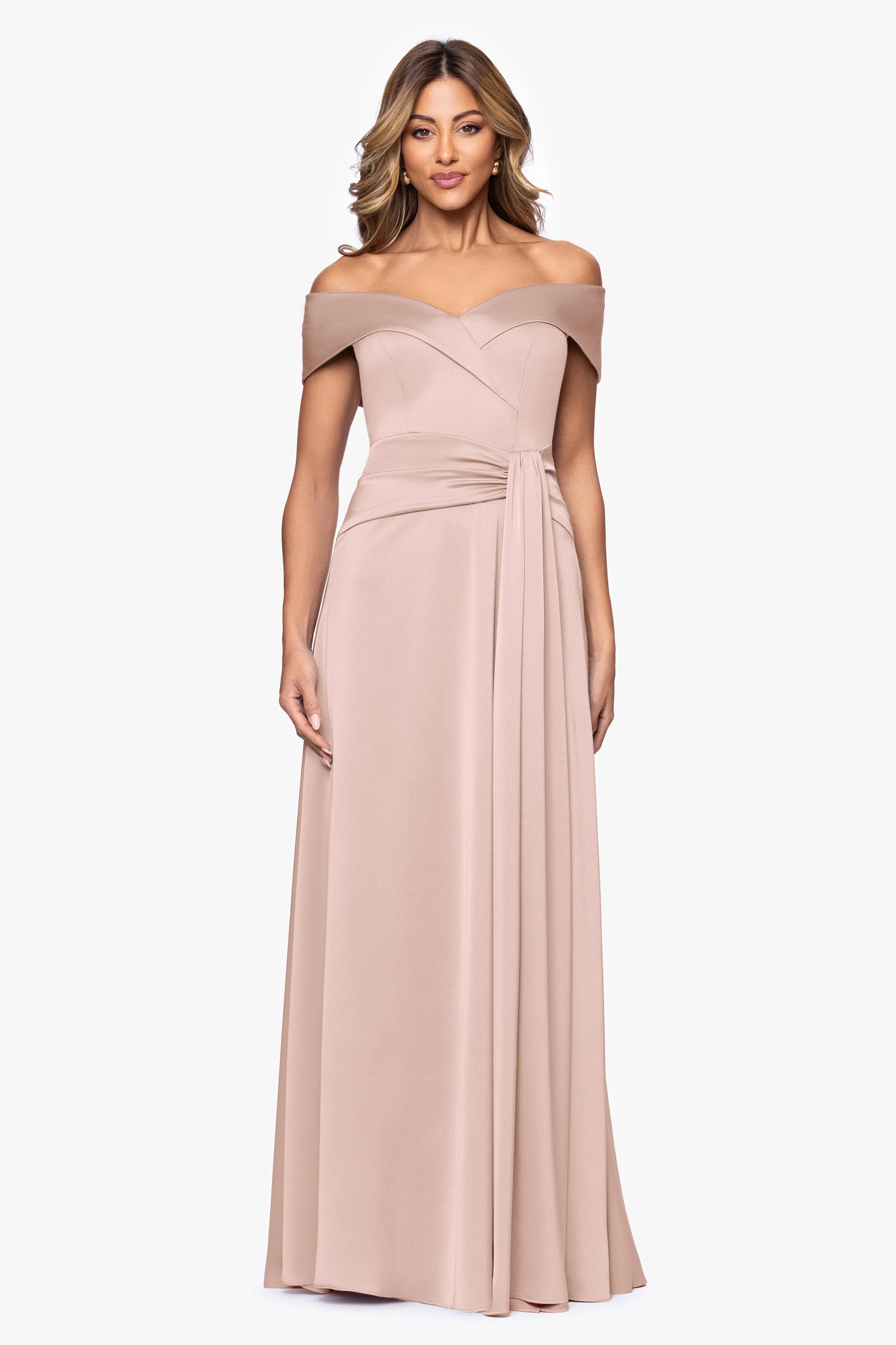 "May" Satin Draped Off the Shoulder Floor Length Dress sold by Xscape