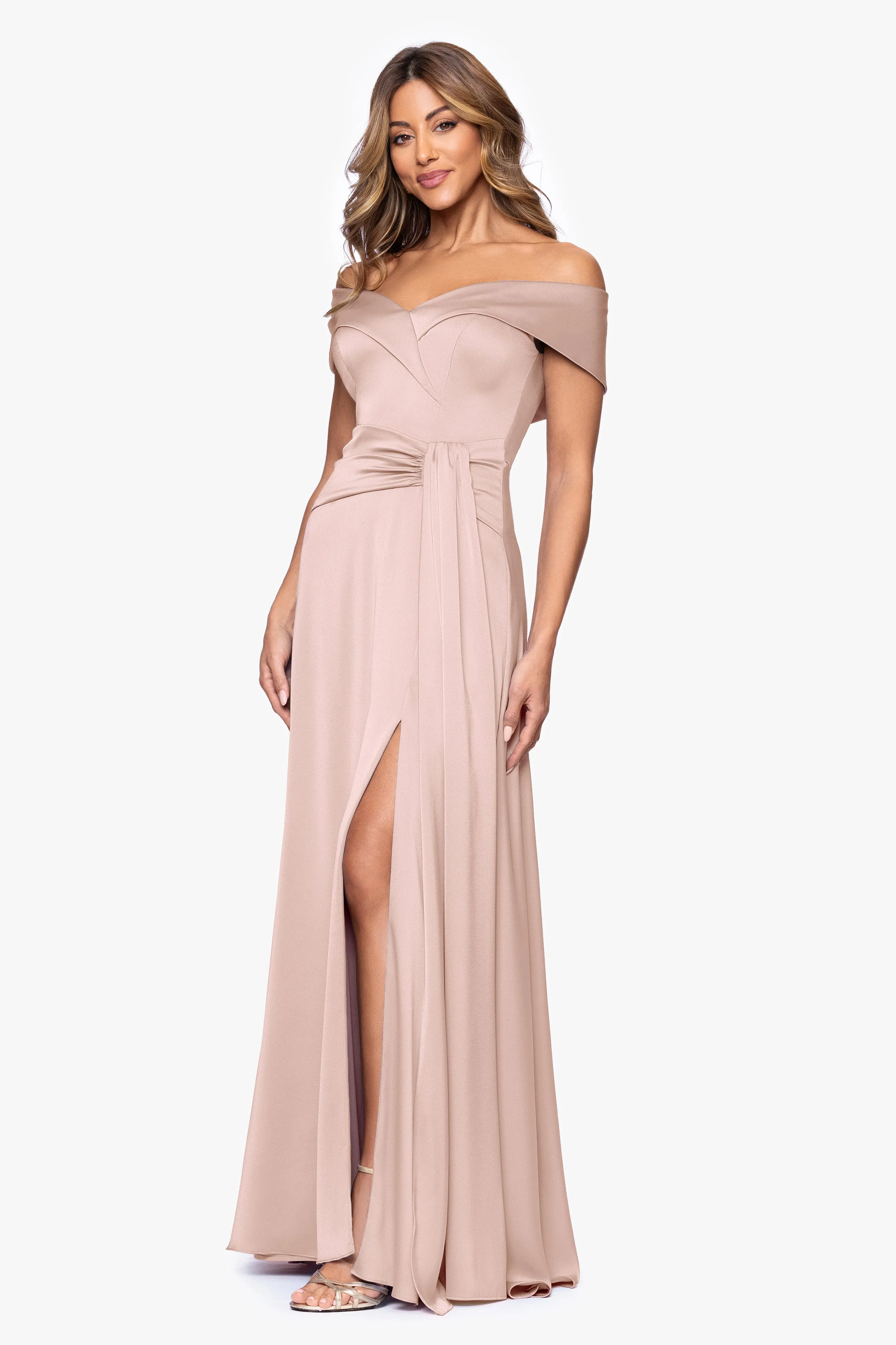 "May" Satin Draped Off the Shoulder Floor Length Dress sold by Xscape product image thumbnail 4