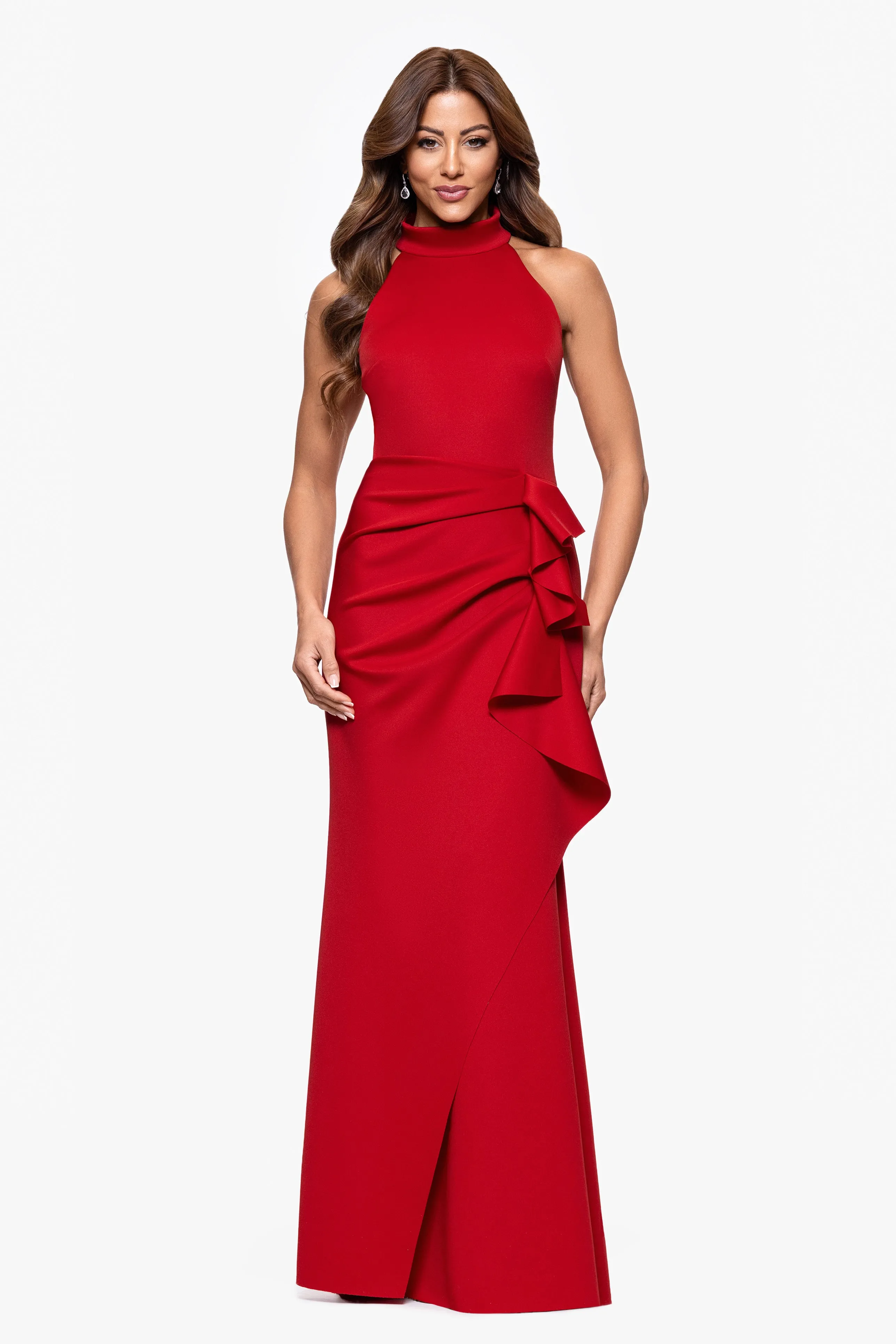 "Eden" Techno Scuba Mock Neck Ruffle Dress sold by Xscape