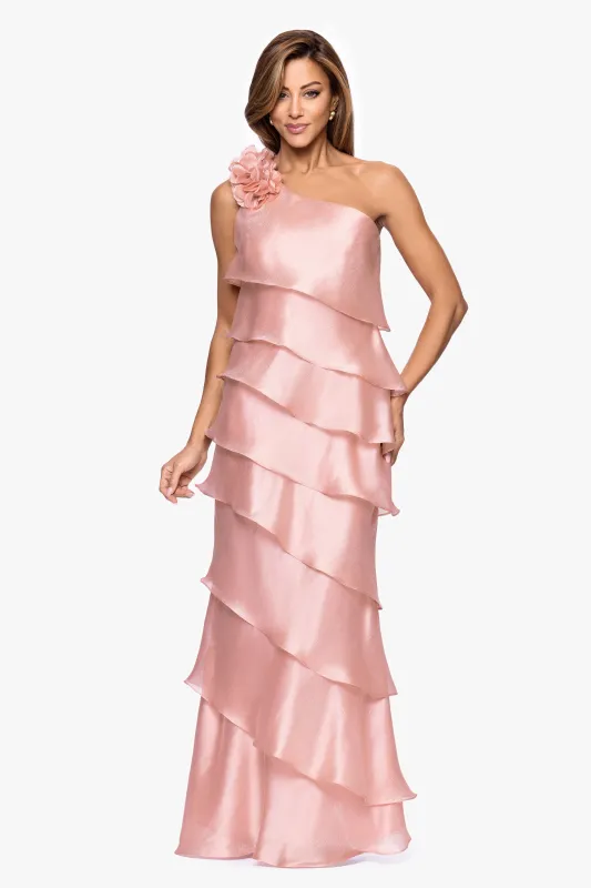"Rosina" Long Metallic Organza Tiered One-Shoulder Dress sold by Xscape