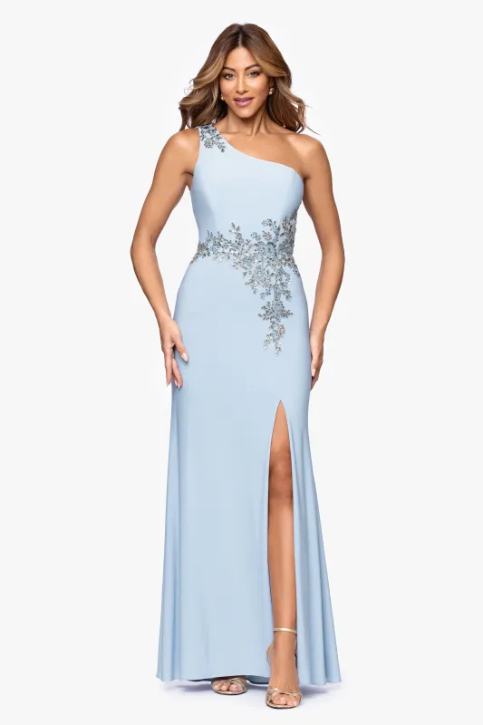 "Teresa" Jersey Knit One Shoulder Applique Floor Length Dress sold by Xscape