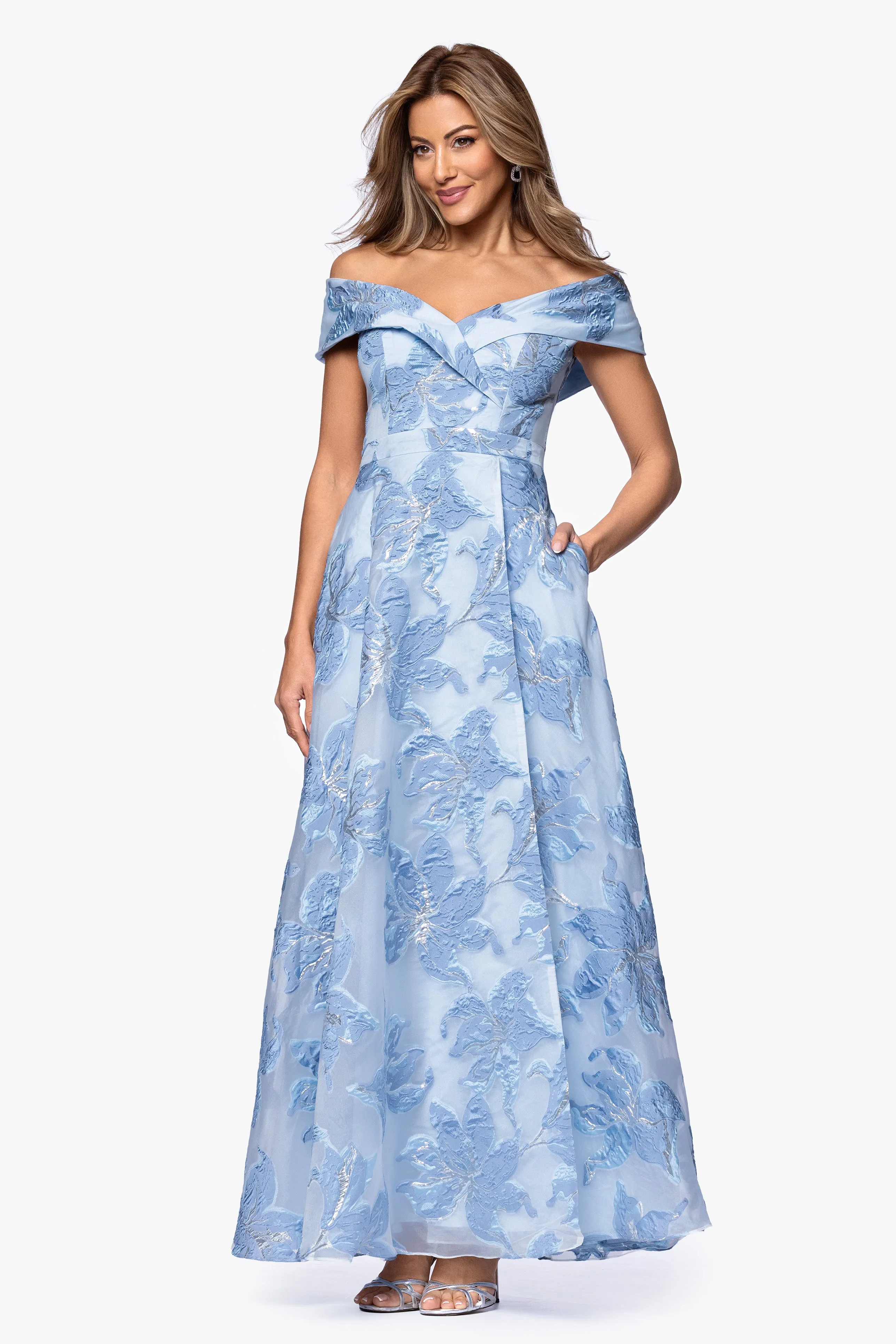 "Alexi" Organza & Jacquard Off Shoulder Floor Length Dress sold by Xscape product image thumbnail 4