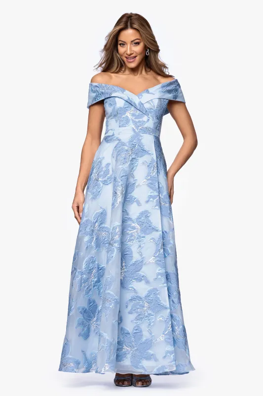 "Alexi" Organza & Jacquard Off Shoulder Floor Length Dress sold by Xscape