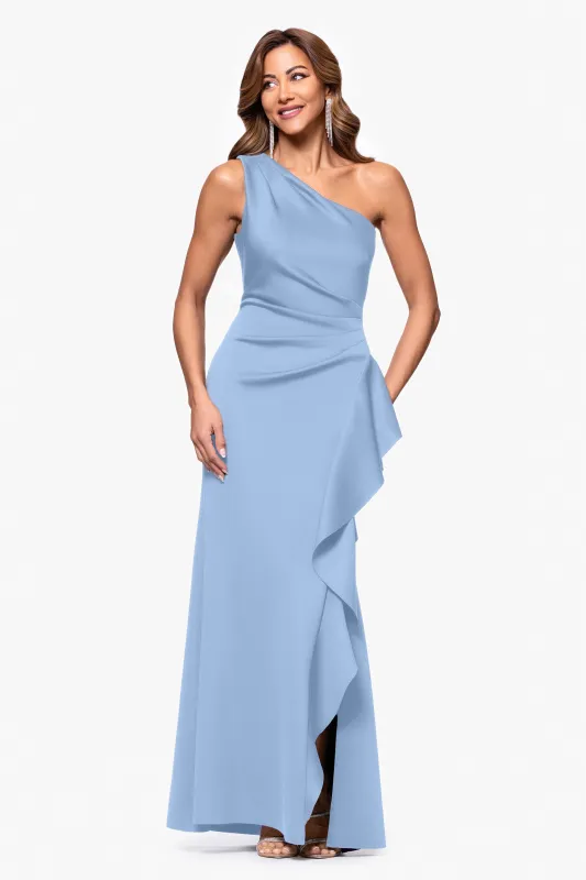 "Flo" Long Techno Scuba One Shoulder Ruffle Dress sold by Xscape