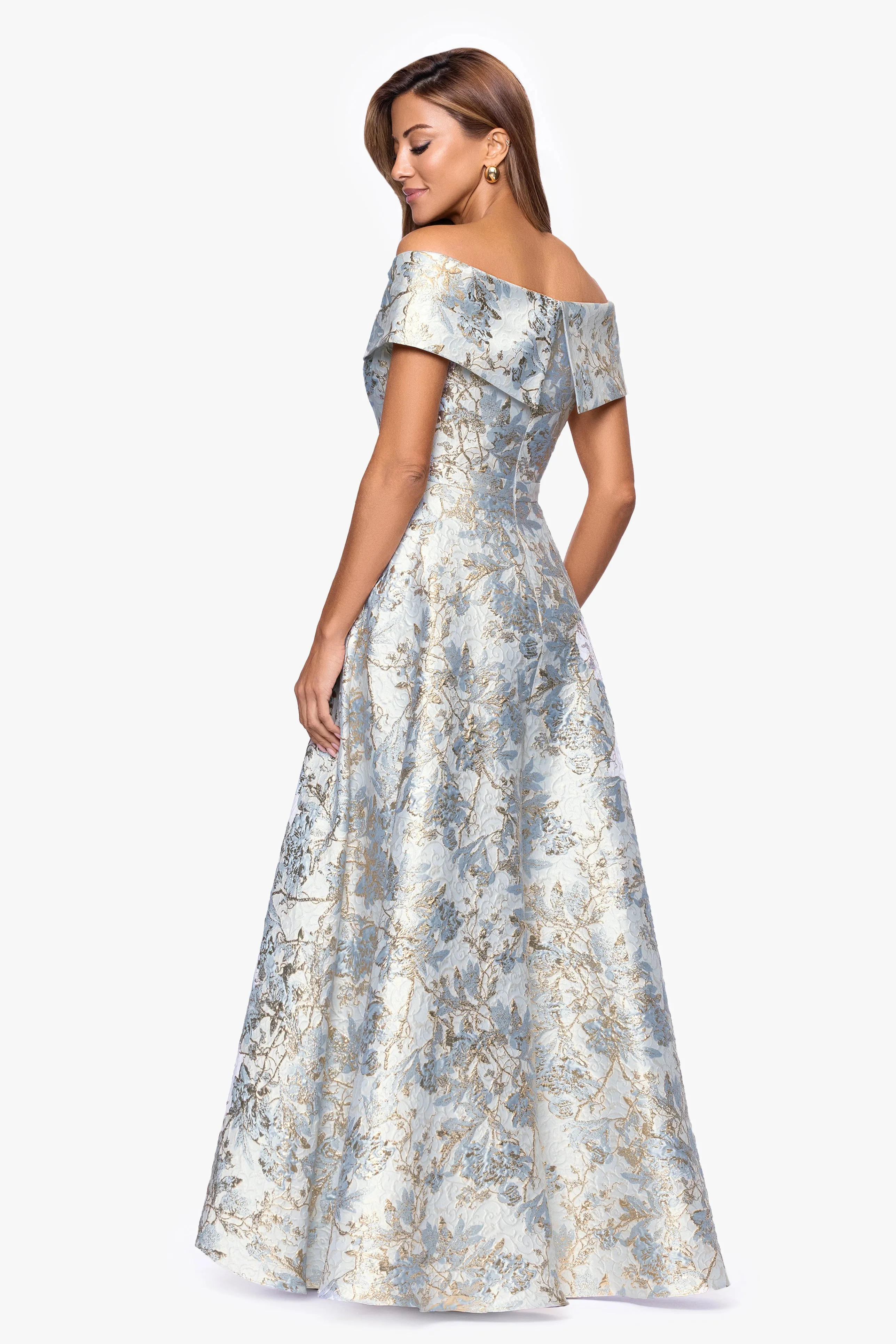 Petite "Melissa" Brocade Off the Shoulder V-Neck Ballgown sold by Xscape product image thumbnail 3