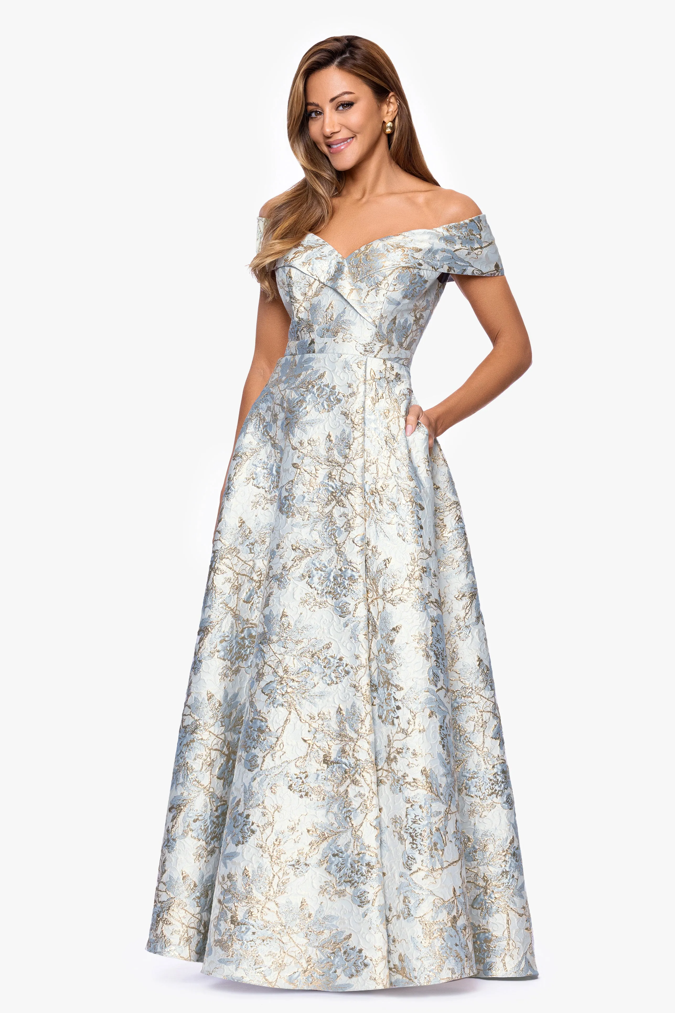 Petite "Melissa" Brocade Off the Shoulder V-Neck Ballgown sold by Xscape product image thumbnail 4