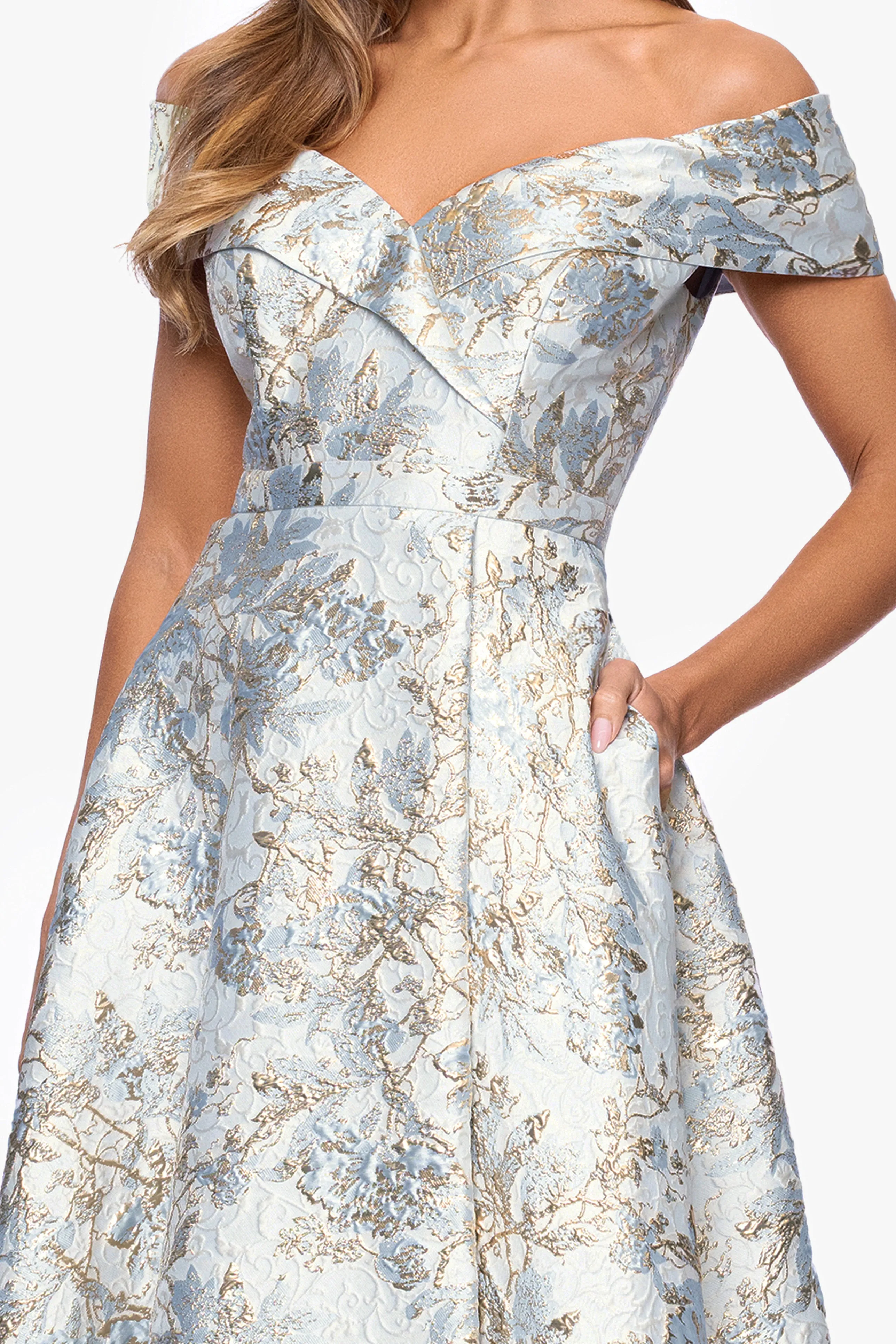 Petite "Melissa" Brocade Off the Shoulder V-Neck Ballgown sold by Xscape product image thumbnail 2