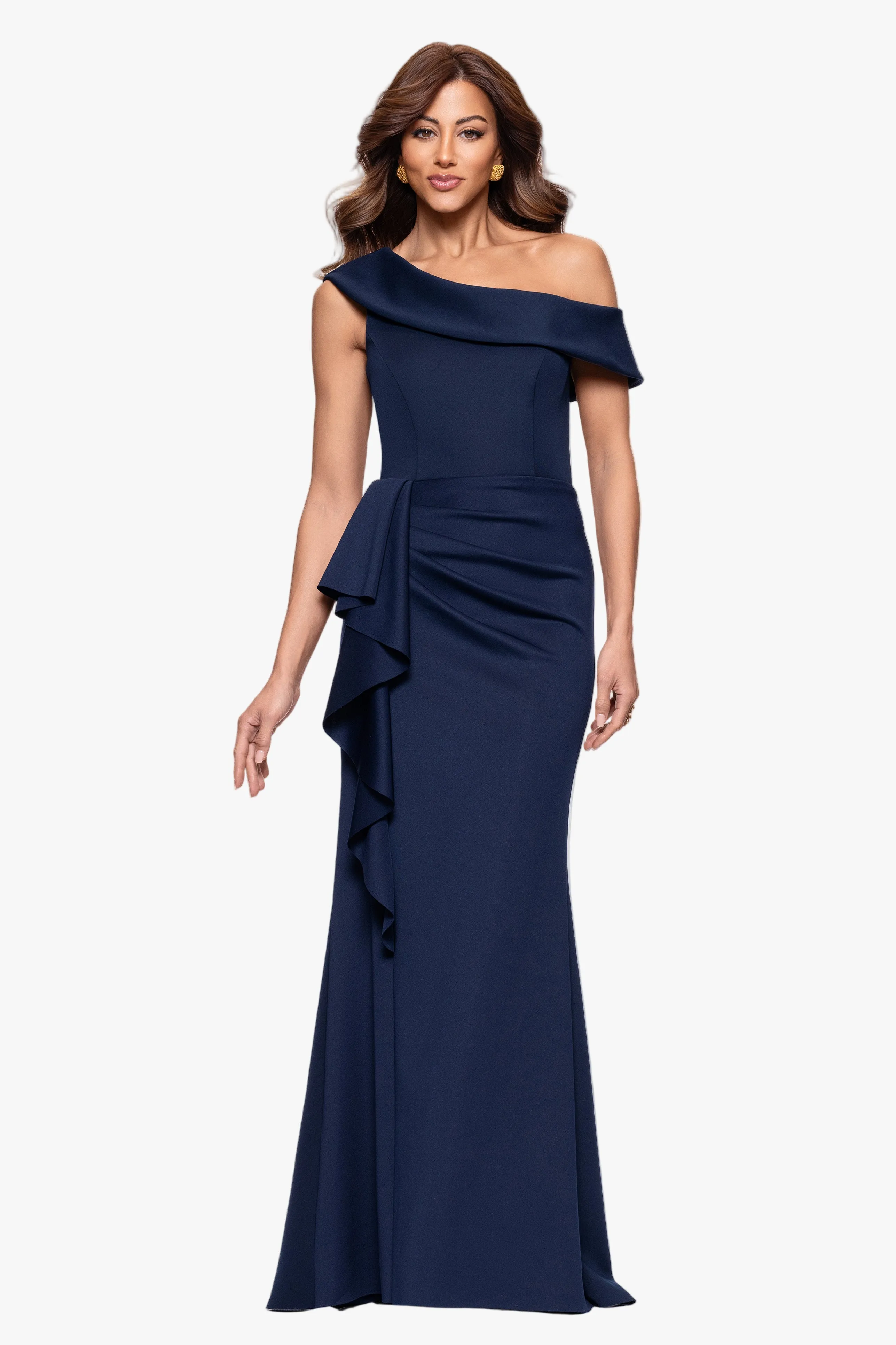 Petite "Valerie" Techno Scuba Off the Shoulder Ruffle Floor Length Dress sold by Xscape product image thumbnail 4