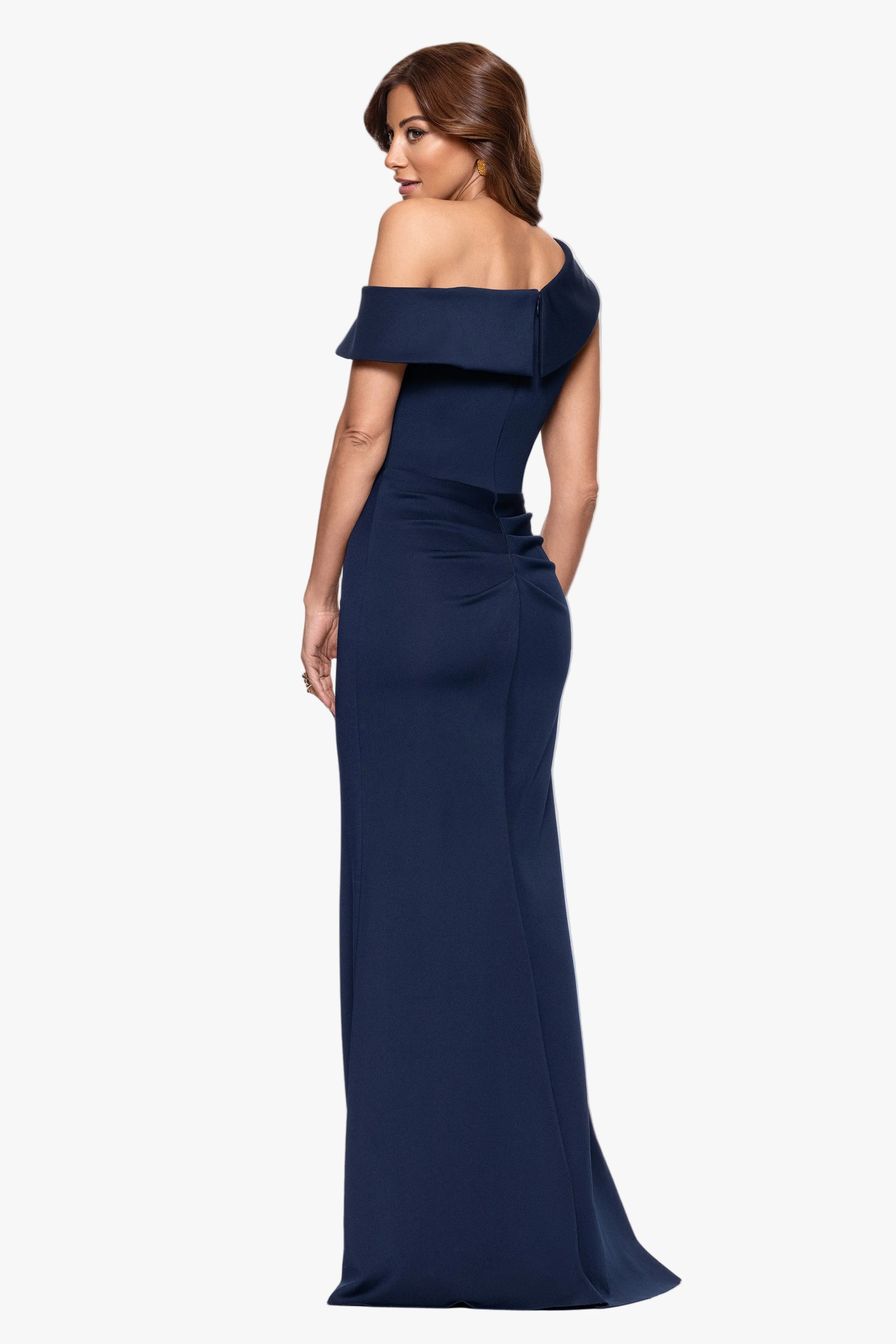 Petite "Valerie" Techno Scuba Off the Shoulder Ruffle Floor Length Dress sold by Xscape product image thumbnail 3