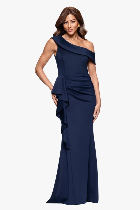Petite "Valerie" Techno Scuba Off the Shoulder Ruffle Floor Length Dress made by Xscape