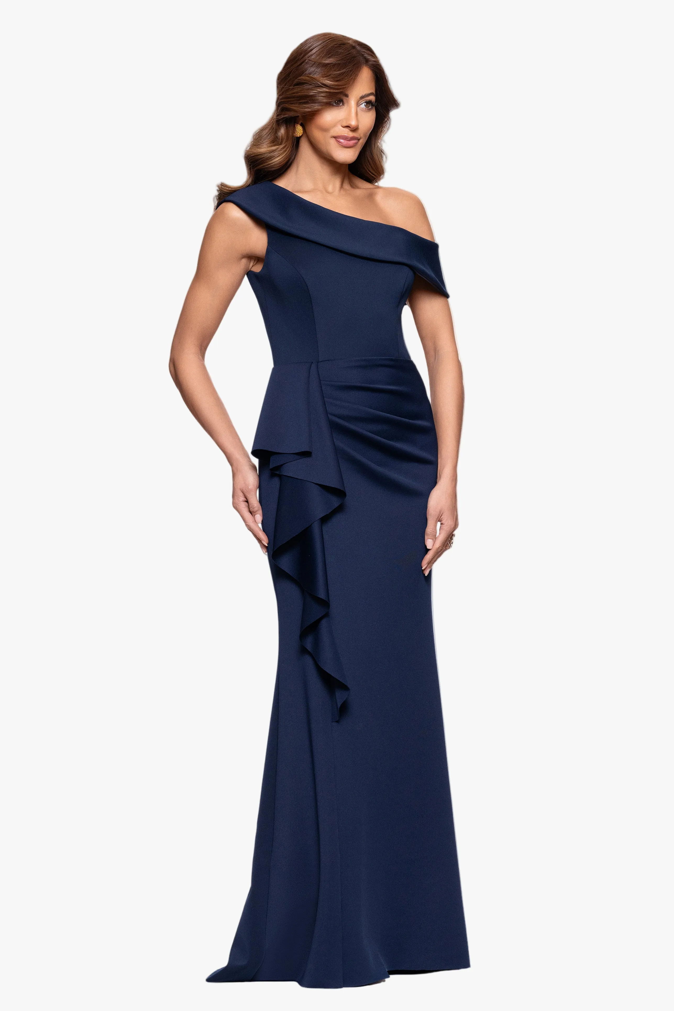 Petite "Valerie" Techno Scuba Off the Shoulder Ruffle Floor Length Dress sold by Xscape product image thumbnail 5