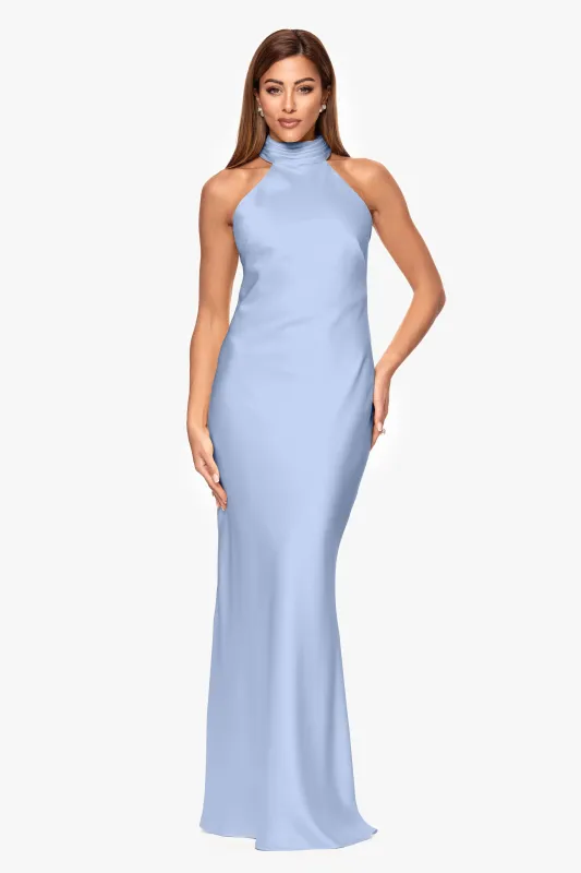 "Ruth" Satin High Tie Neck Backless Floor Length Dress sold by Xscape