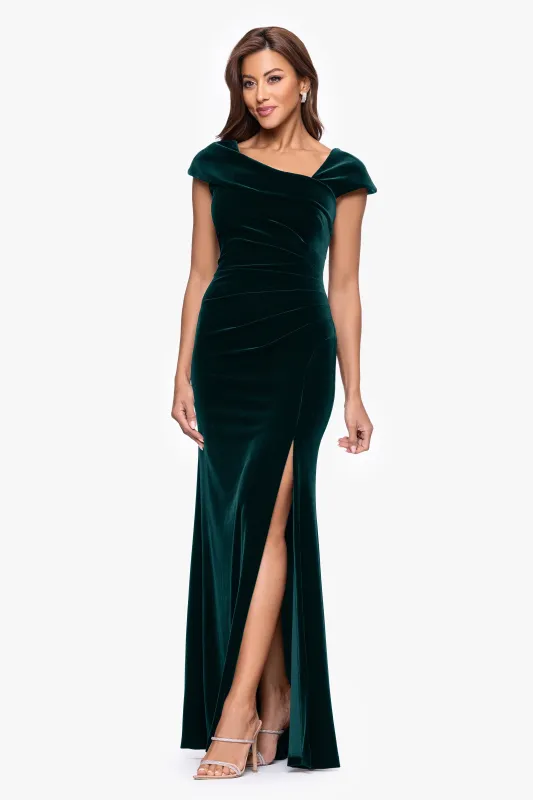 Petite "Katrina" Velvet Asymmetrical Neckline Cap Sleeve Floor Length Dress sold by Xscape