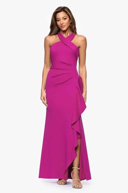 Petite "Gigi" Techno Scuba Cross Neck Ruffle Floor Length Dress sold by Xscape