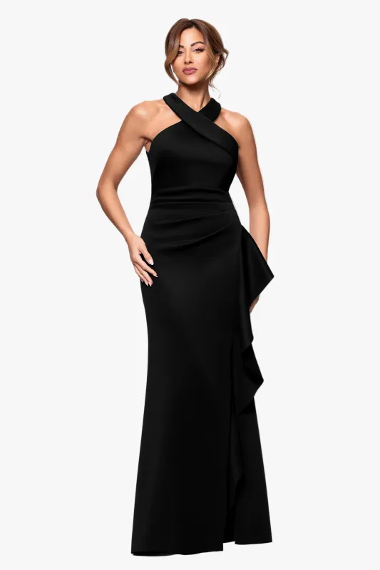 Petite "Gigi" Techno Scuba Cross Neck Ruffle Floor Length Dress sold by Xscape