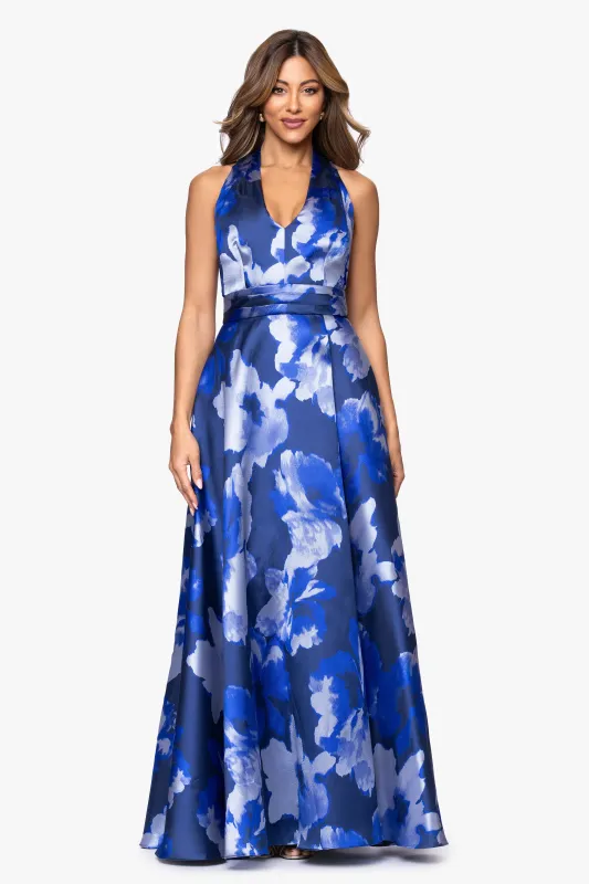 "Lucia" Brocade V-Neck Keyhole Back Floor Length Dress sold by Xscape