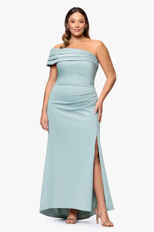 Plus "Whitney" Techno Scuba One Shoulder Off the Shoulder Floor Length Dress sold by Xscape