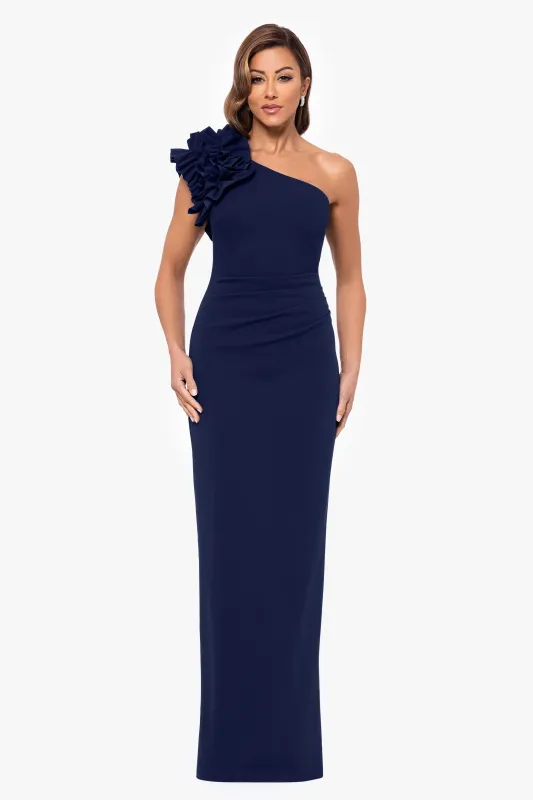 "Harper" Scuba Crepe One Shoulder Ruffle Floor Length Dress sold by Xscape