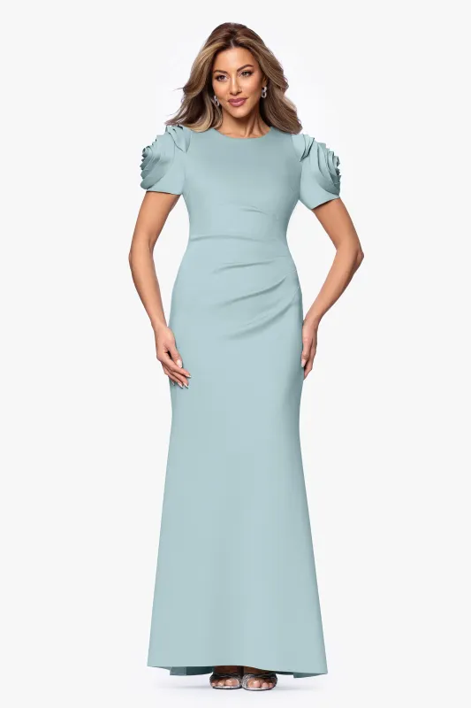 "Cami" Long Scuba Crepe with Flower Shoulder Dress sold by Xscape