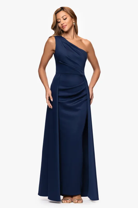 Petite "Jalen" Techno Scuba One Shoulder Back Drape Floor Length Dress sold by Xscape