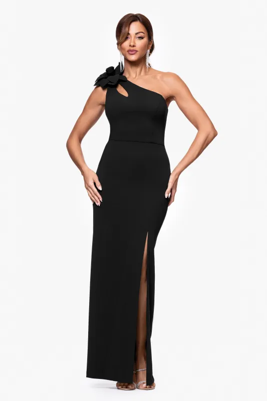 Petite "Kristina" Scuba Crepe Flower One Shoulder Floor Length Dress sold by Xscape