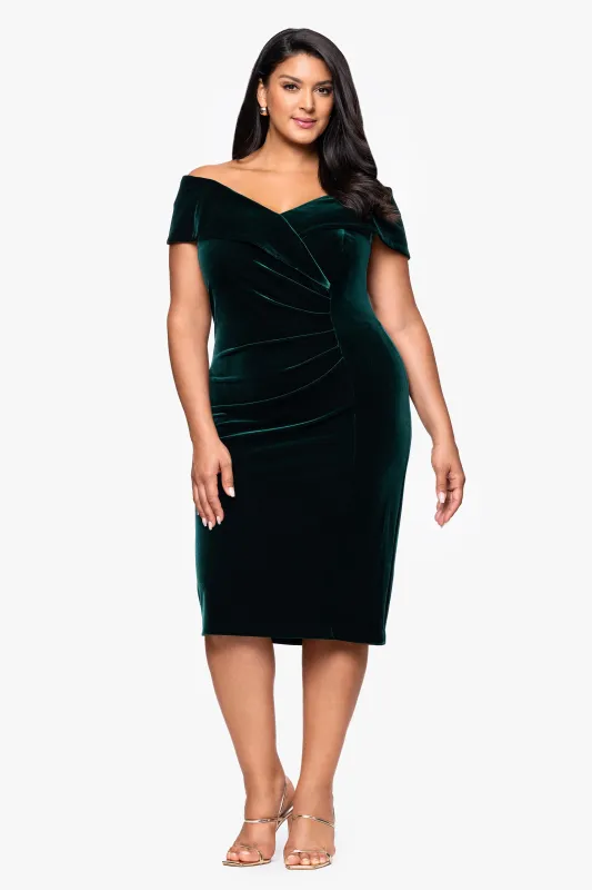 Plus "Felicity" Knee Length Off the Shoulder Ruched Velvet Dress sold by Xscape