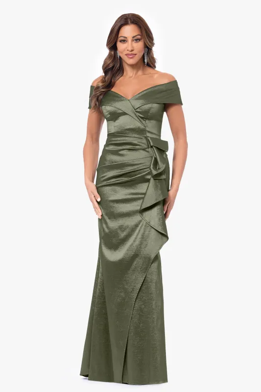Petite "Olivia" Taffeta Off the Shoulder Sweetheart Neckline Floor Length Dress sold by Xscape